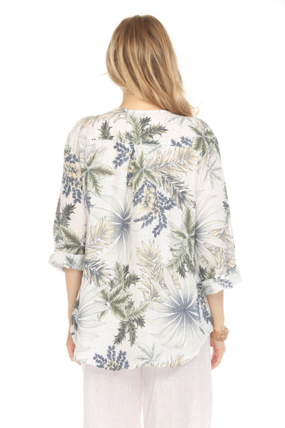 White Leaf Print V-Neck Button Top