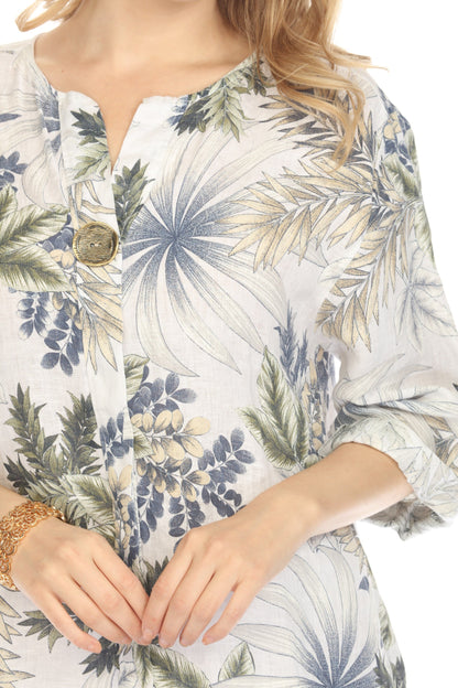 White Leaf Print V-Neck Button Top