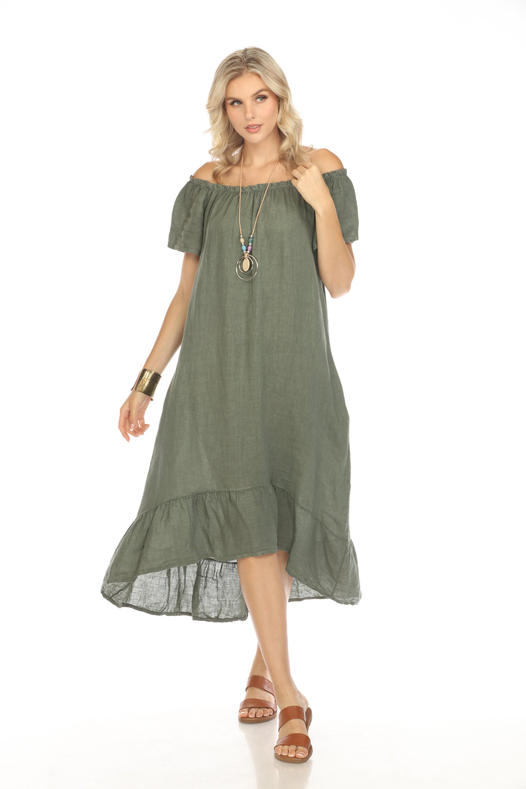 Olive Dress with Elastic Neck and Ruffles Hem