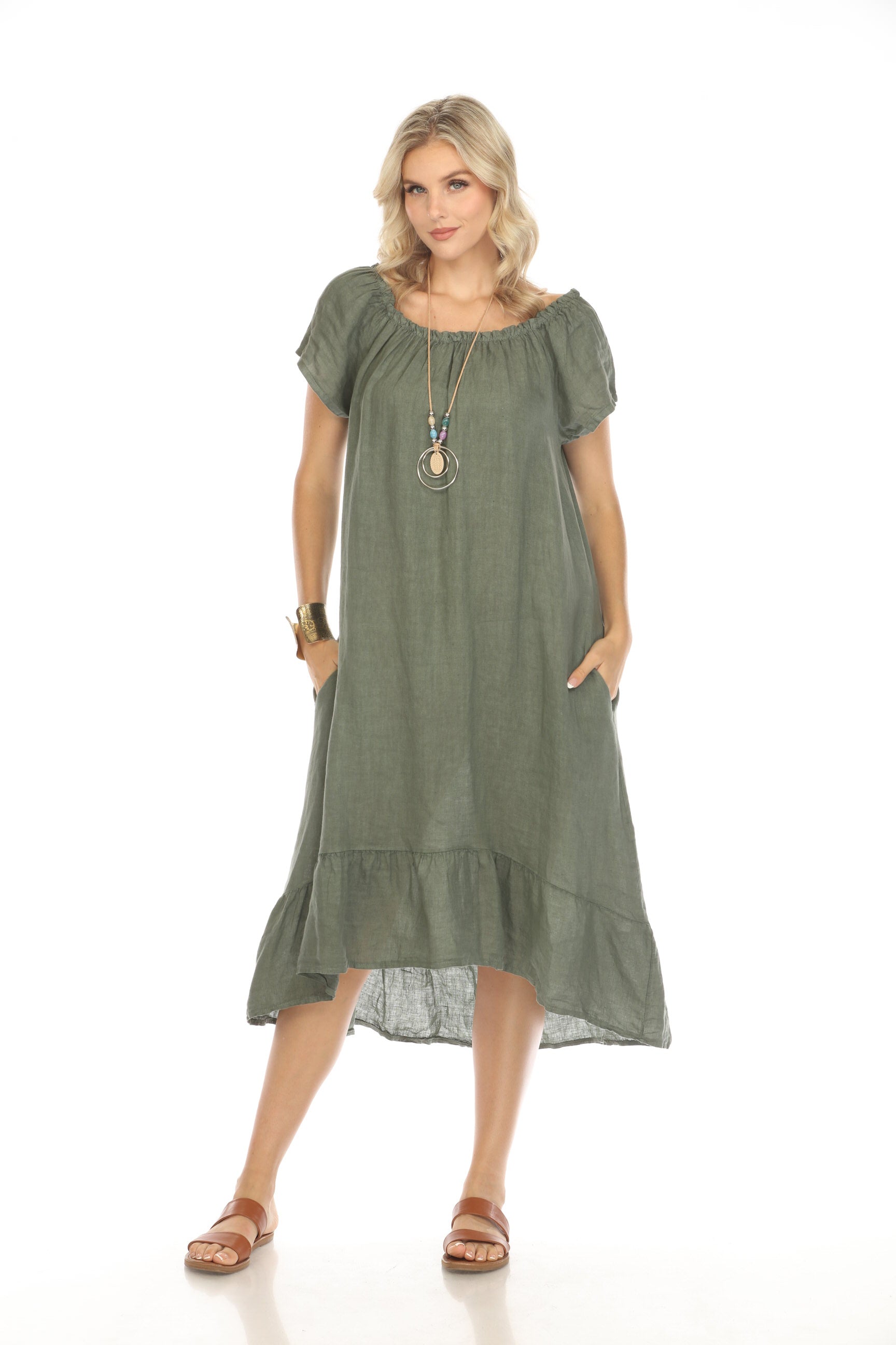 Olive Dress with Elastic Neck and Ruffles Hem