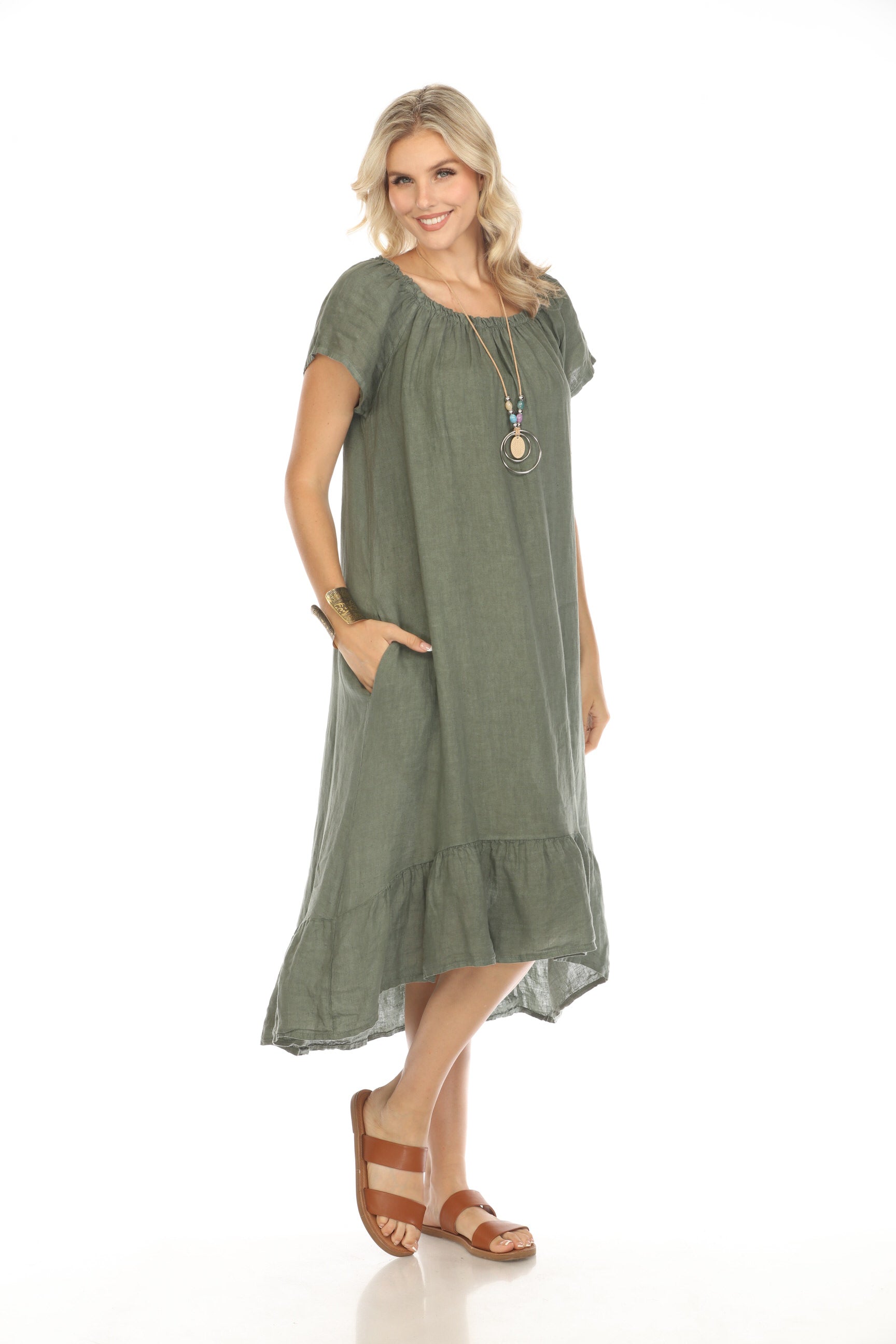 Olive Dress with Elastic Neck and Ruffles Hem