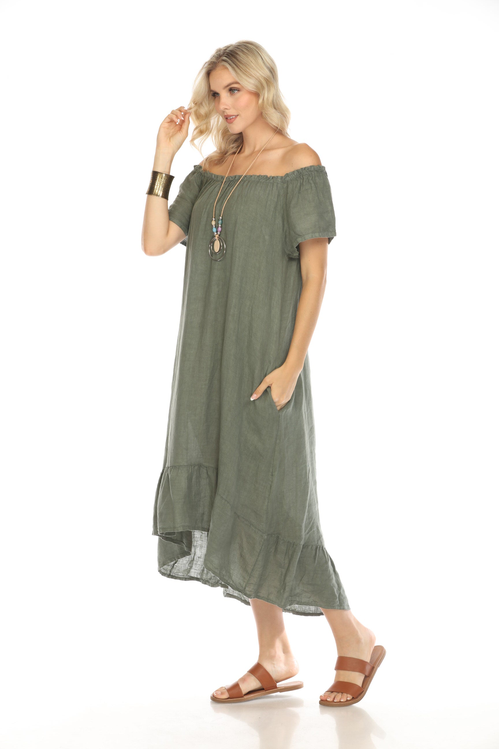 Olive Dress with Elastic Neck and Ruffles Hem