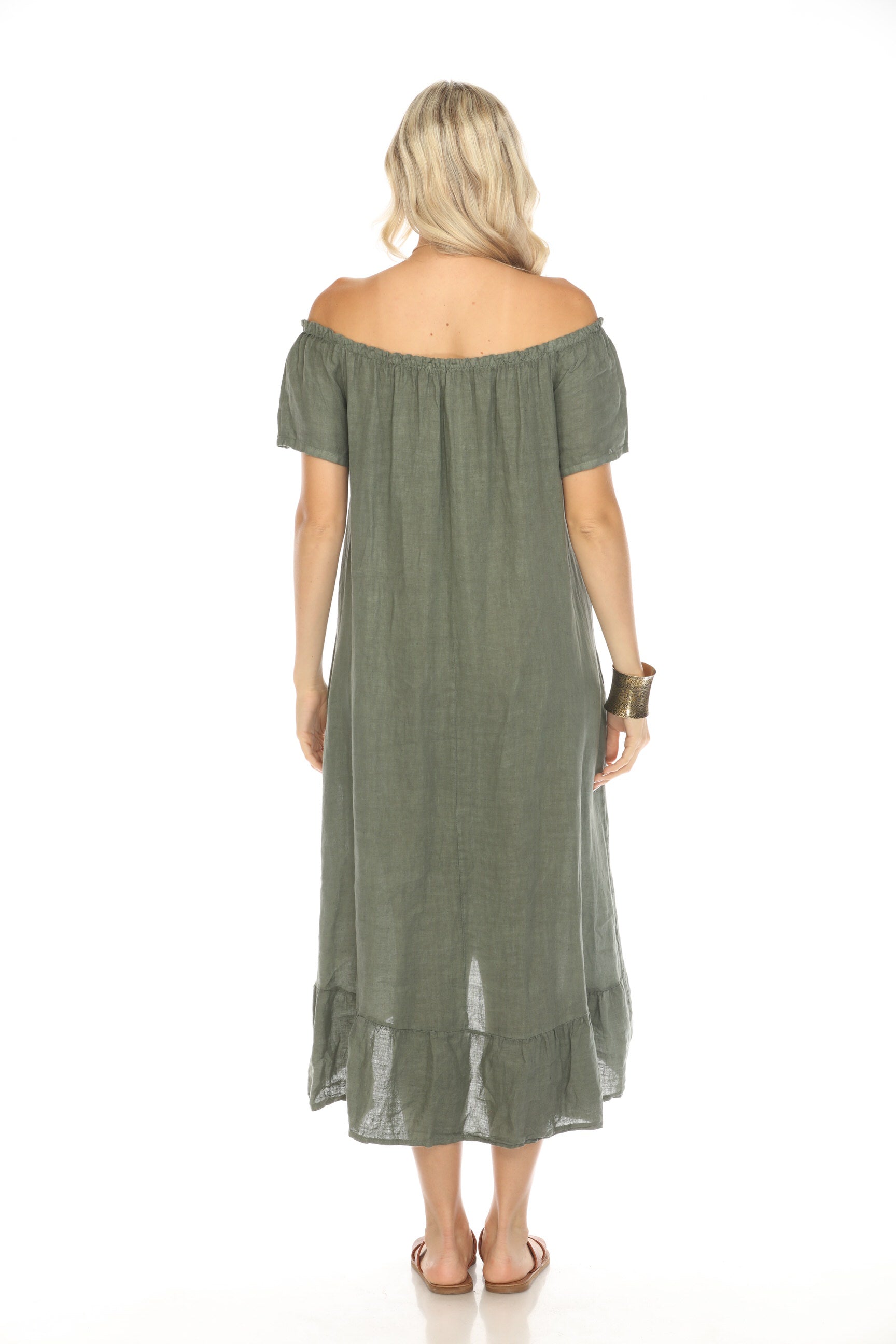 Olive Dress with Elastic Neck and Ruffles Hem