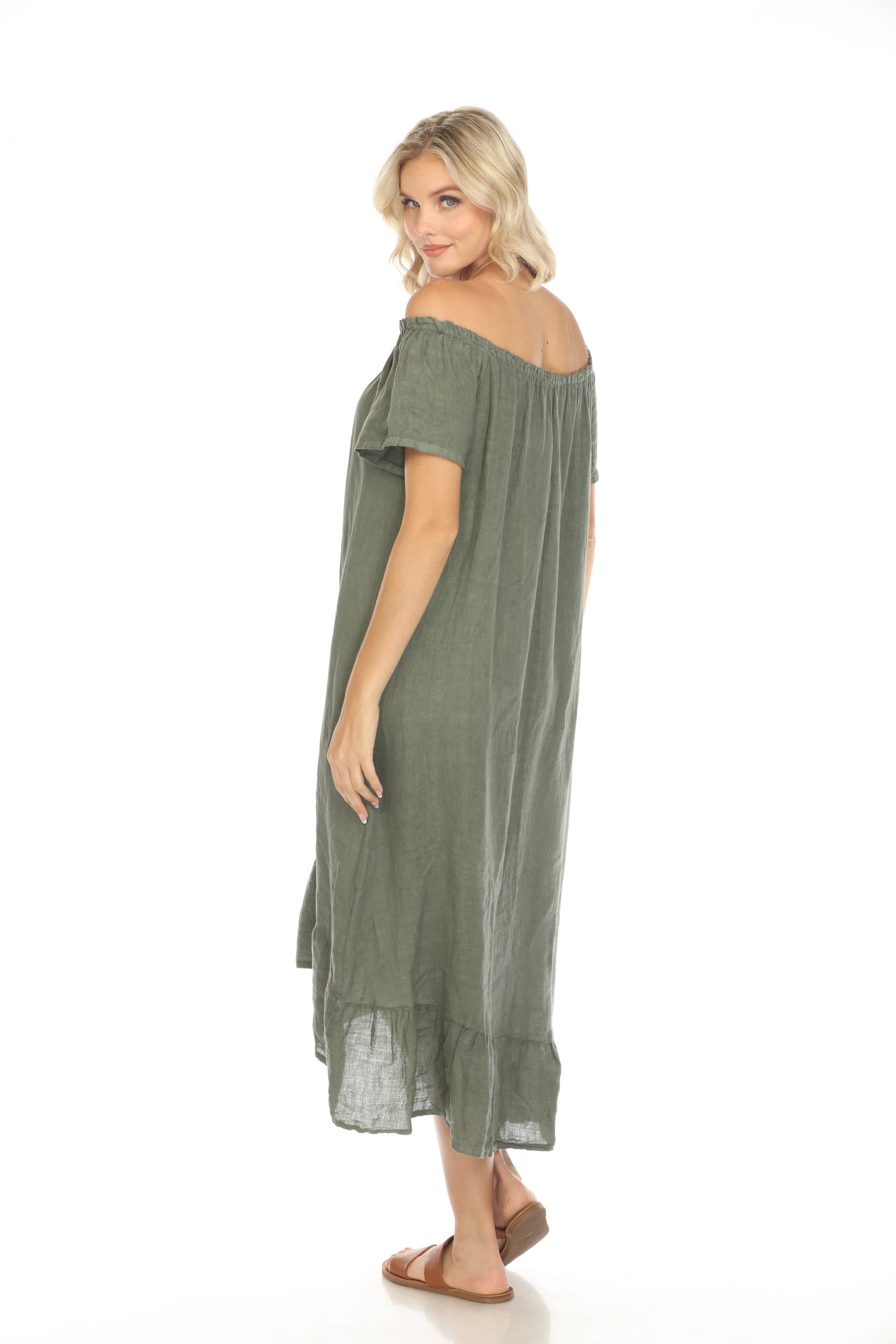 Olive Dress with Elastic Neck and Ruffles Hem