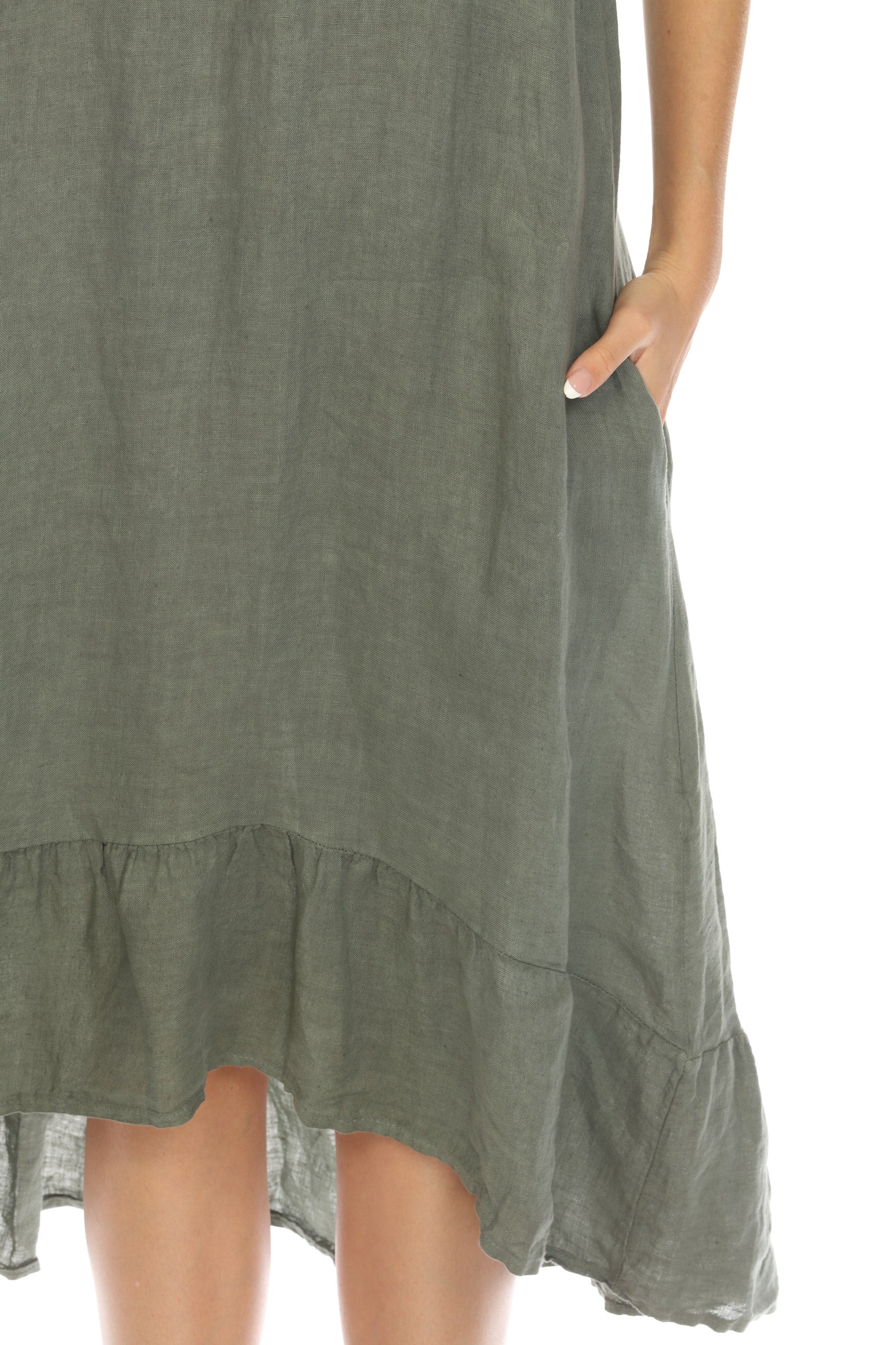 Olive Dress with Elastic Neck and Ruffles Hem