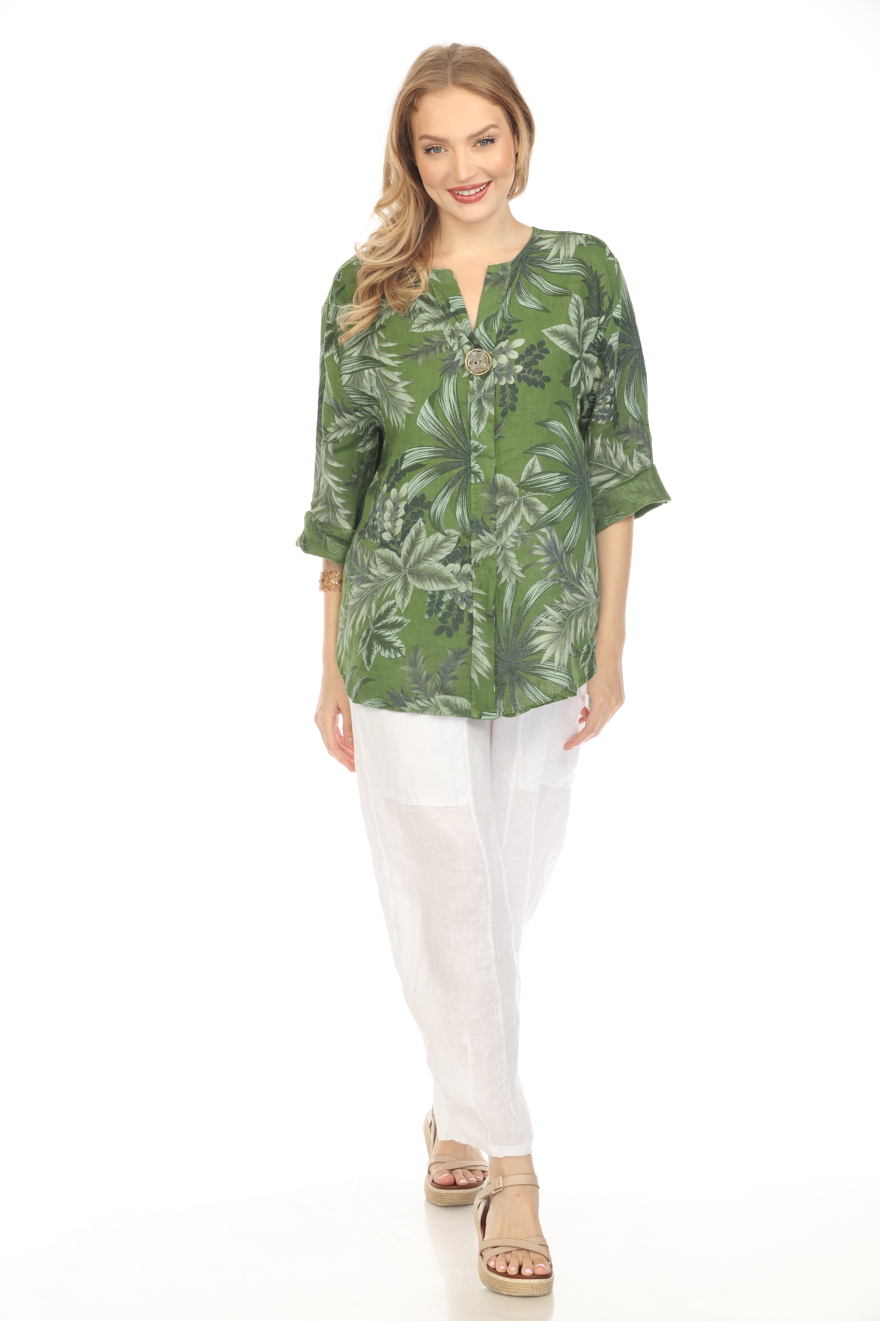 Moss Green Leaf Print V-Neck Button Top