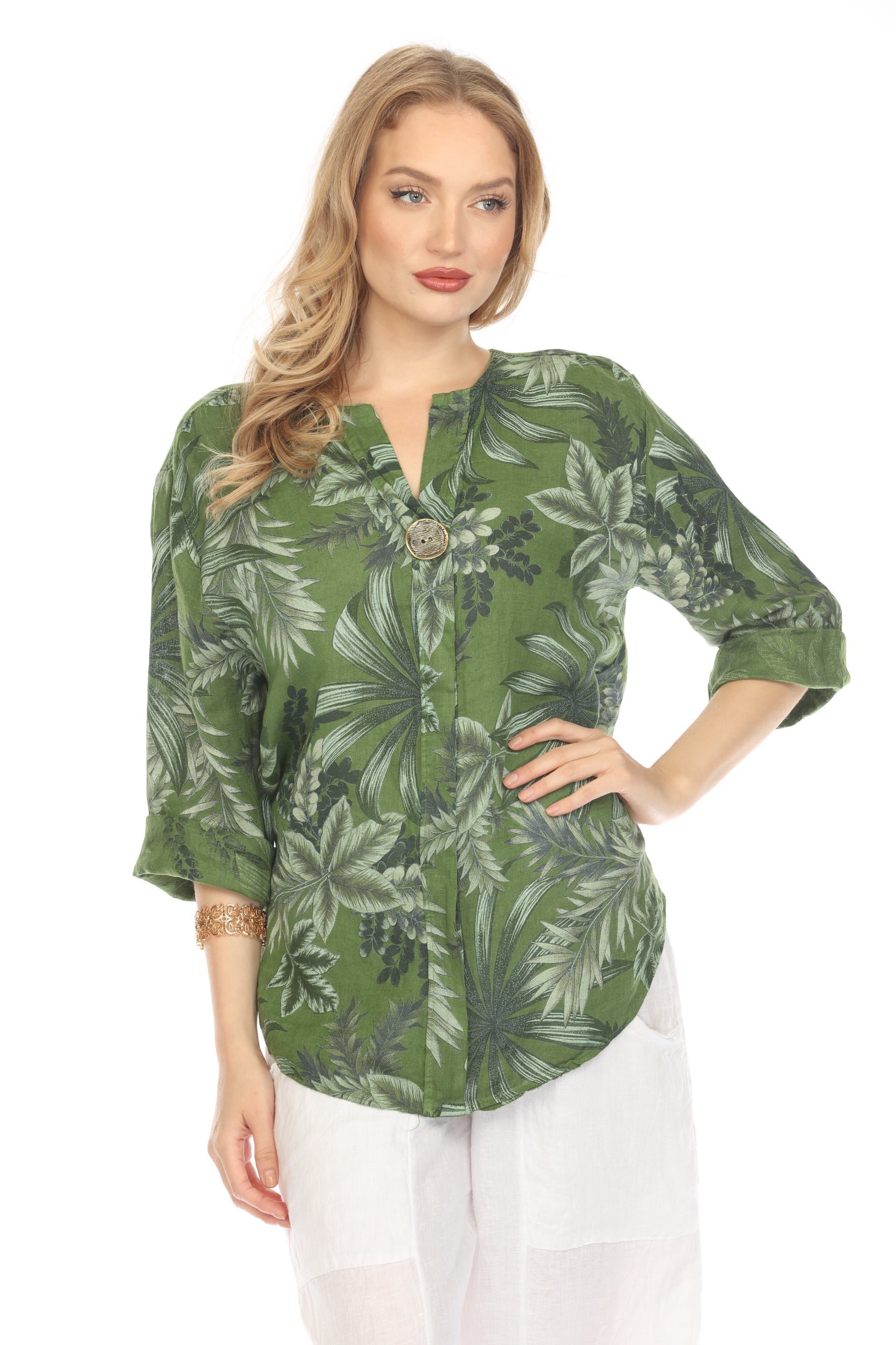 Moss Green Leaf Print V-Neck Button Top