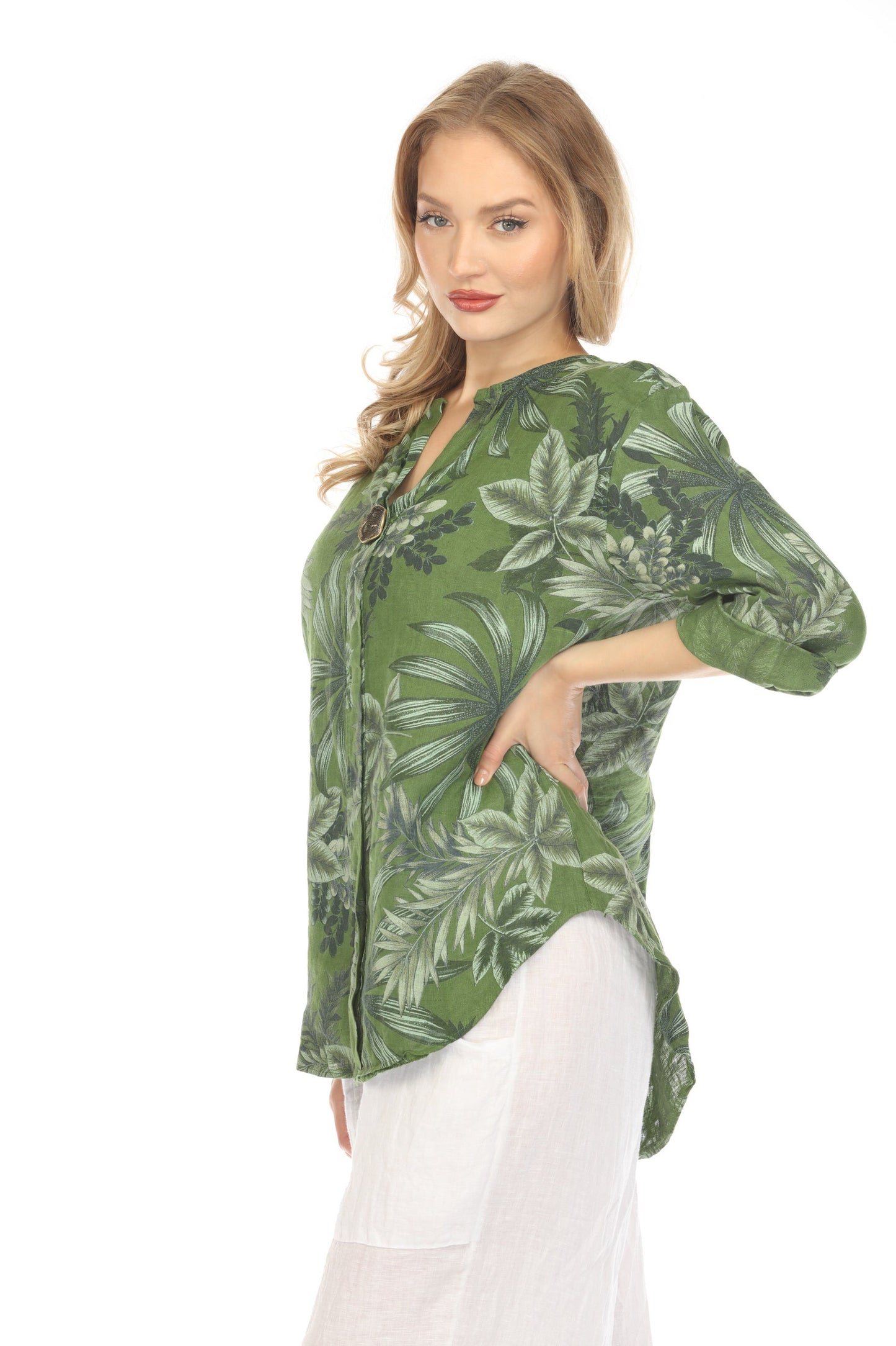Moss Green Leaf Print V-Neck Button Top