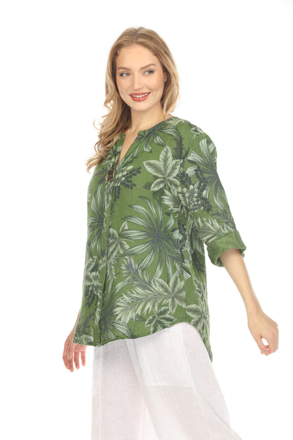 Moss Green Leaf Print V-Neck Button Top
