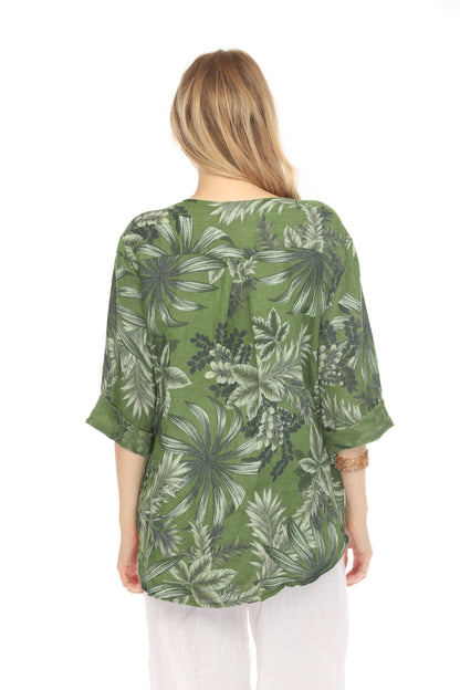 Moss Green Leaf Print V-Neck Button Top