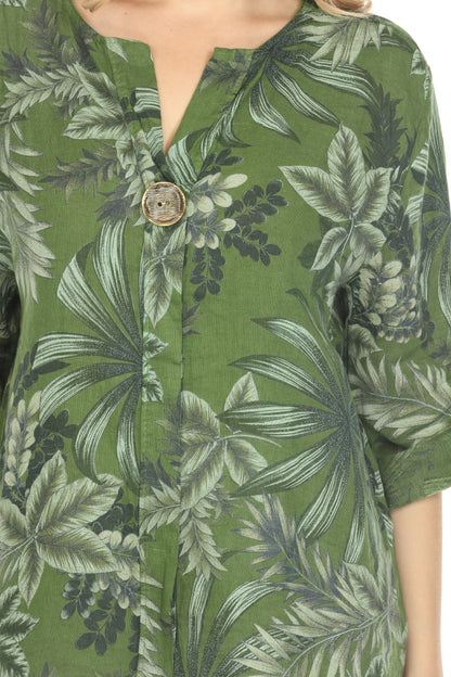 Moss Green Leaf Print V-Neck Button Top