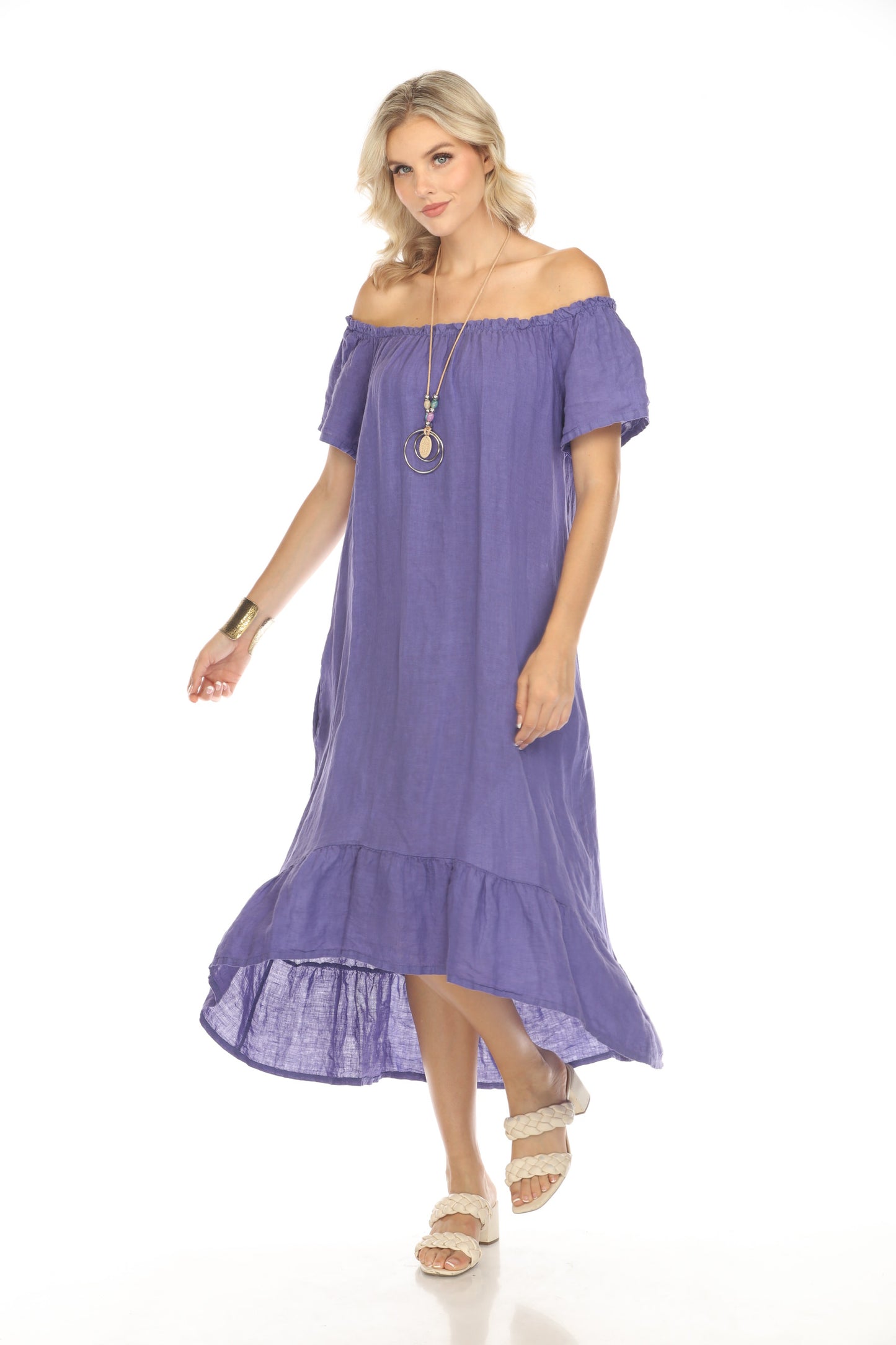 Purple Dress with Elastic Neck and Ruffles Hem