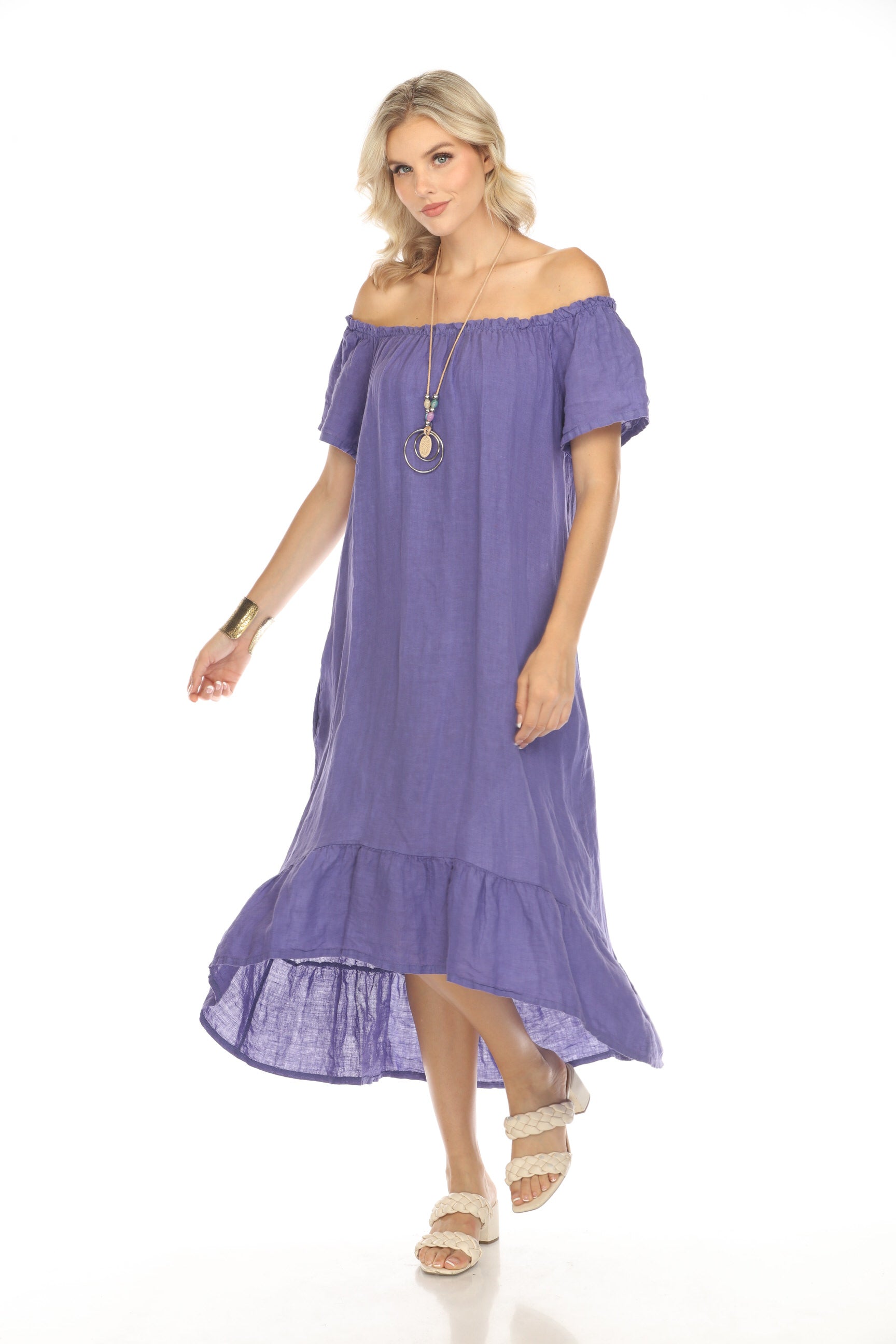 Purple Dress with Elastic Neck and Ruffles Hem