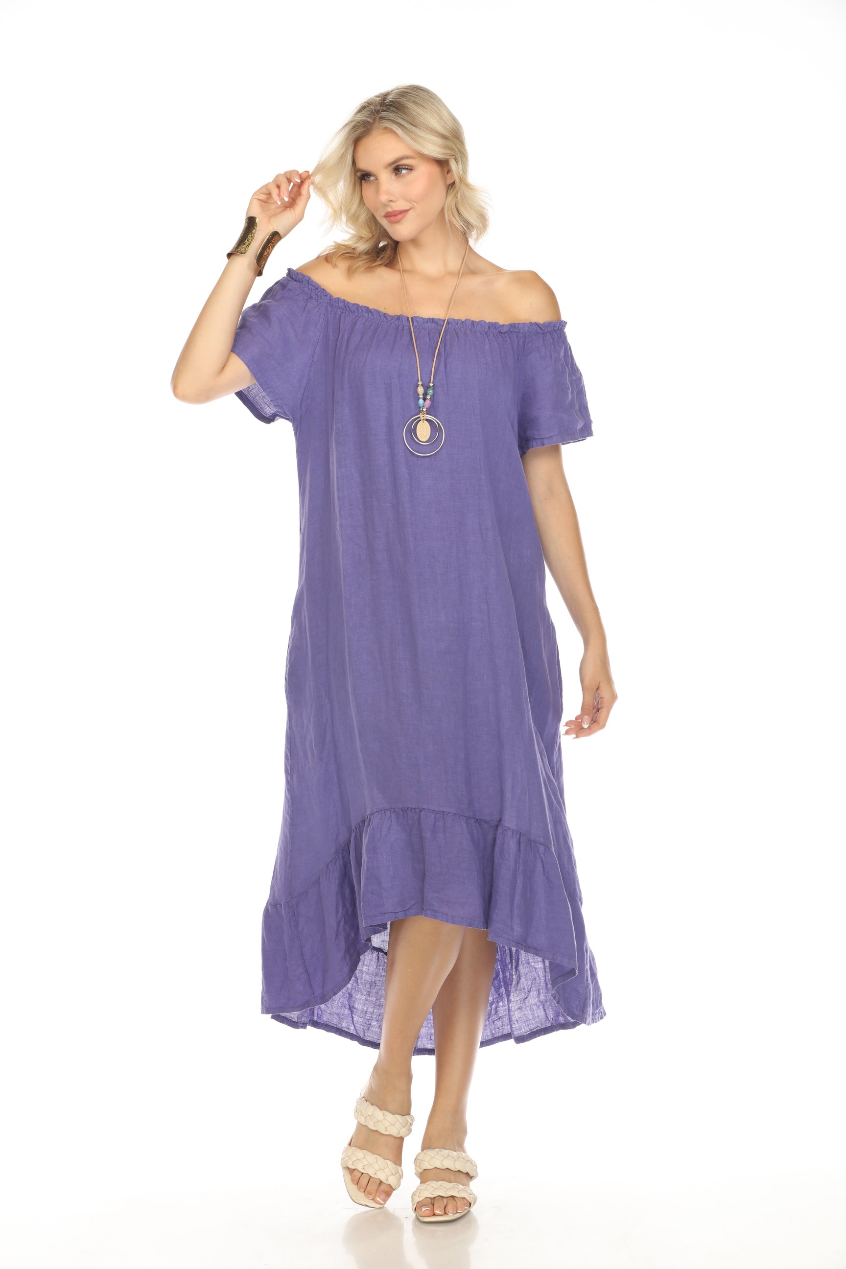 Purple Dress with Elastic Neck and Ruffles Hem