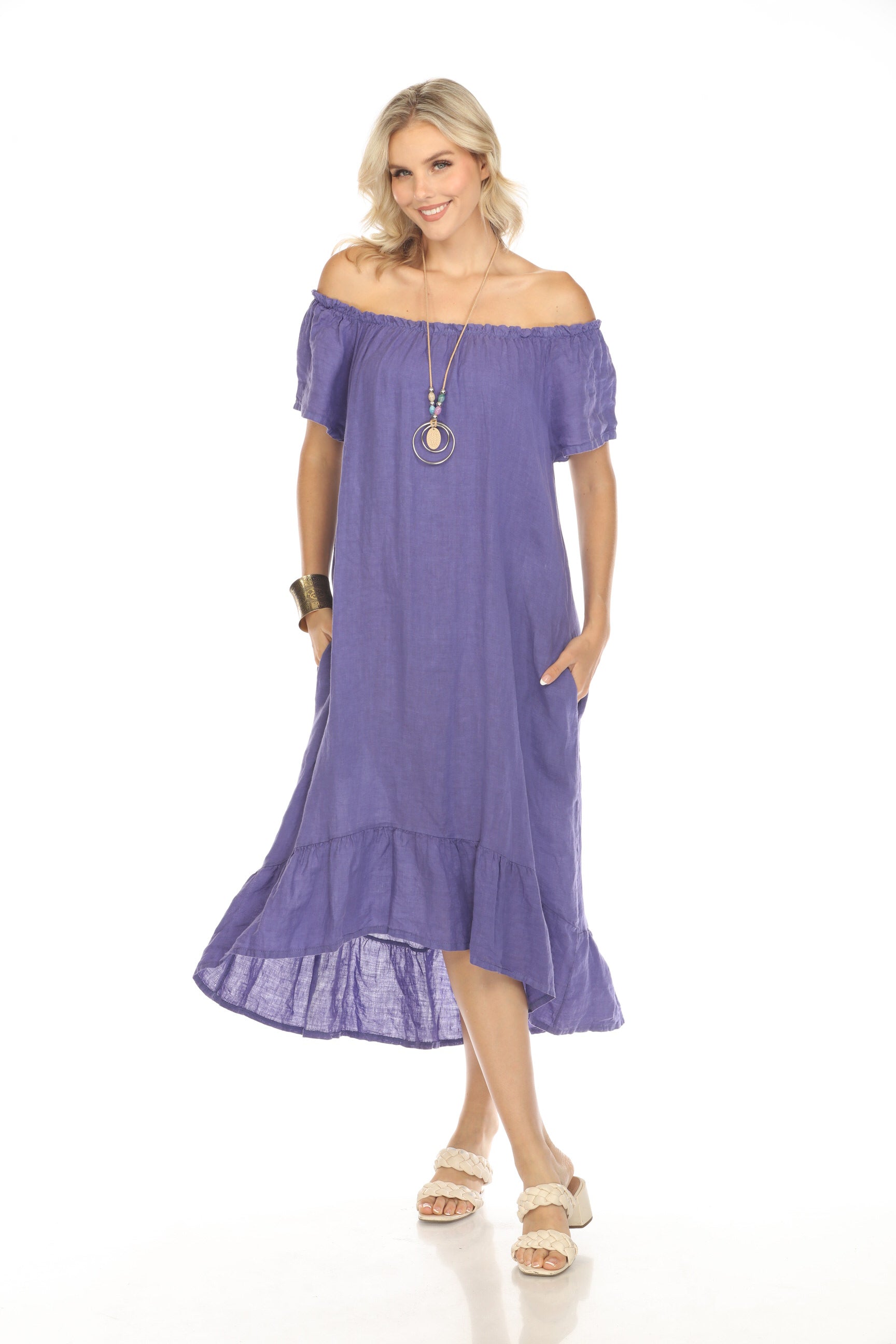 Purple Dress with Elastic Neck and Ruffles Hem