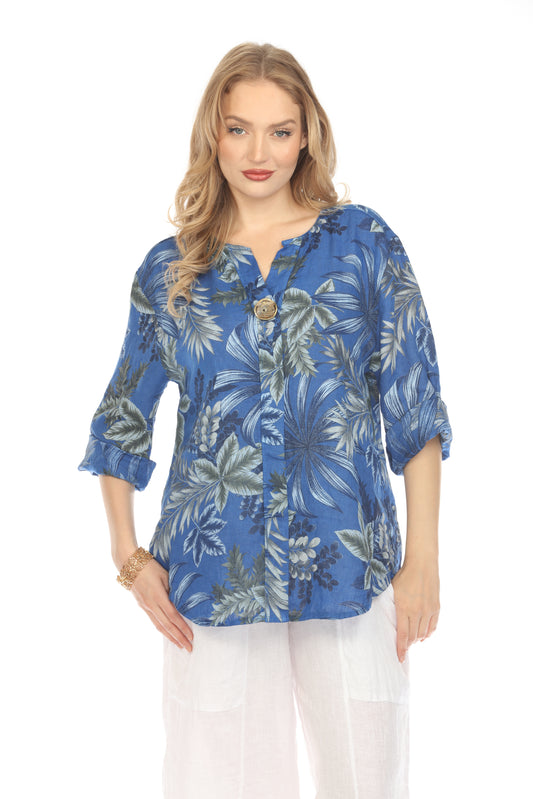 Royal Blue Leaf Print V-Neck Button Top