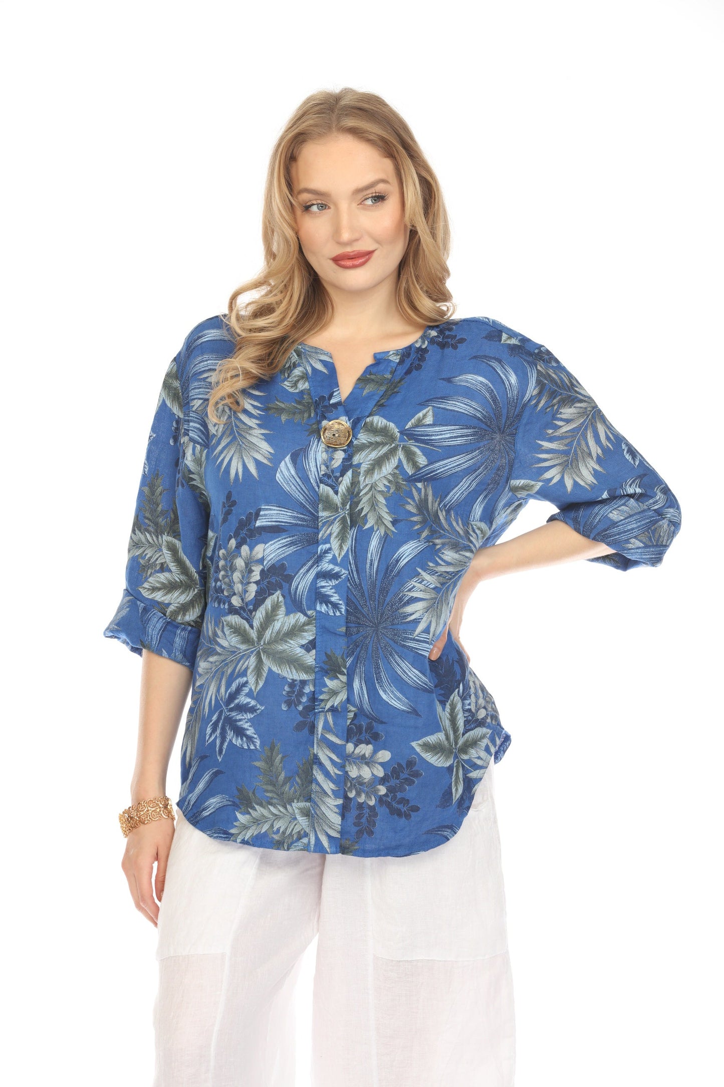Royal Blue Leaf Print V-Neck Button Top