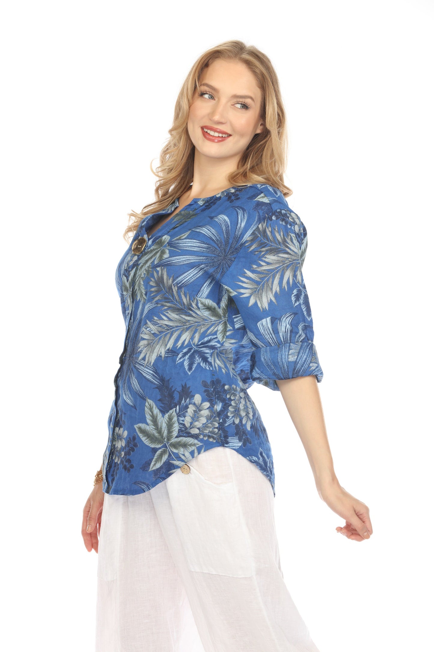 Royal Blue Leaf Print V-Neck Button Top