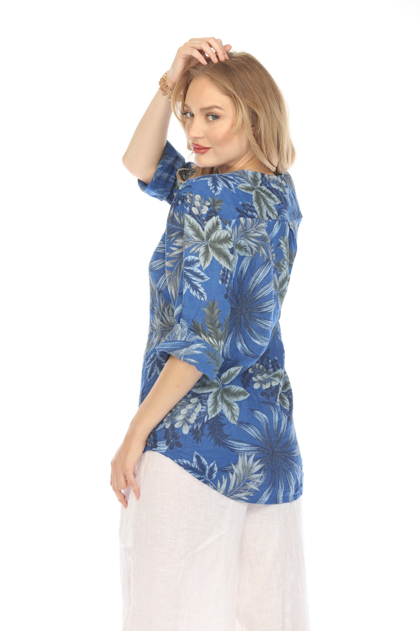 Royal Blue Leaf Print V-Neck Button Top