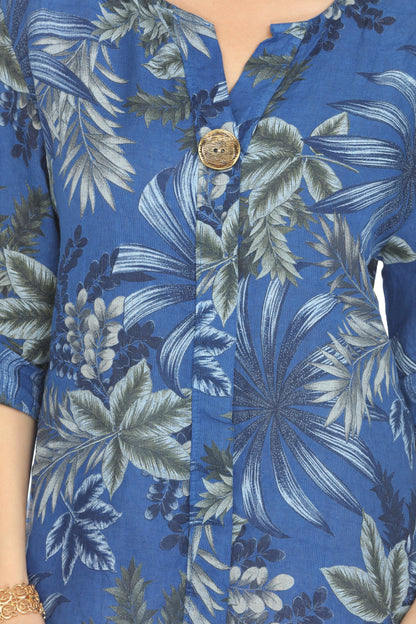 Royal Blue Leaf Print V-Neck Button Top