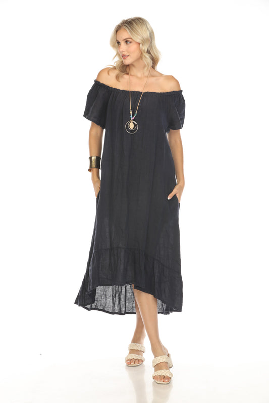 Navy Dress with Elastic Neck and  Ruffles Hem