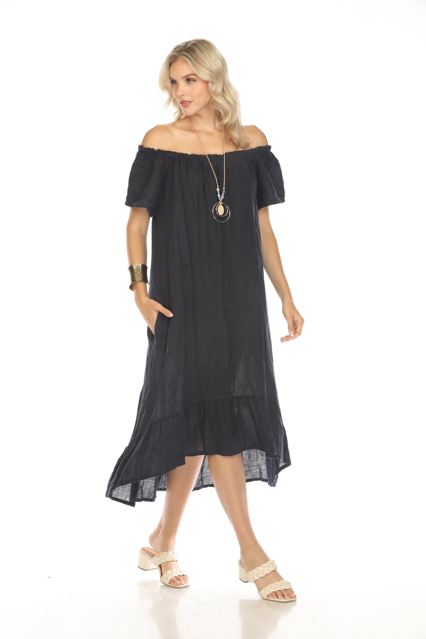 Navy Dress with Elastic Neck and Ruffles Hem