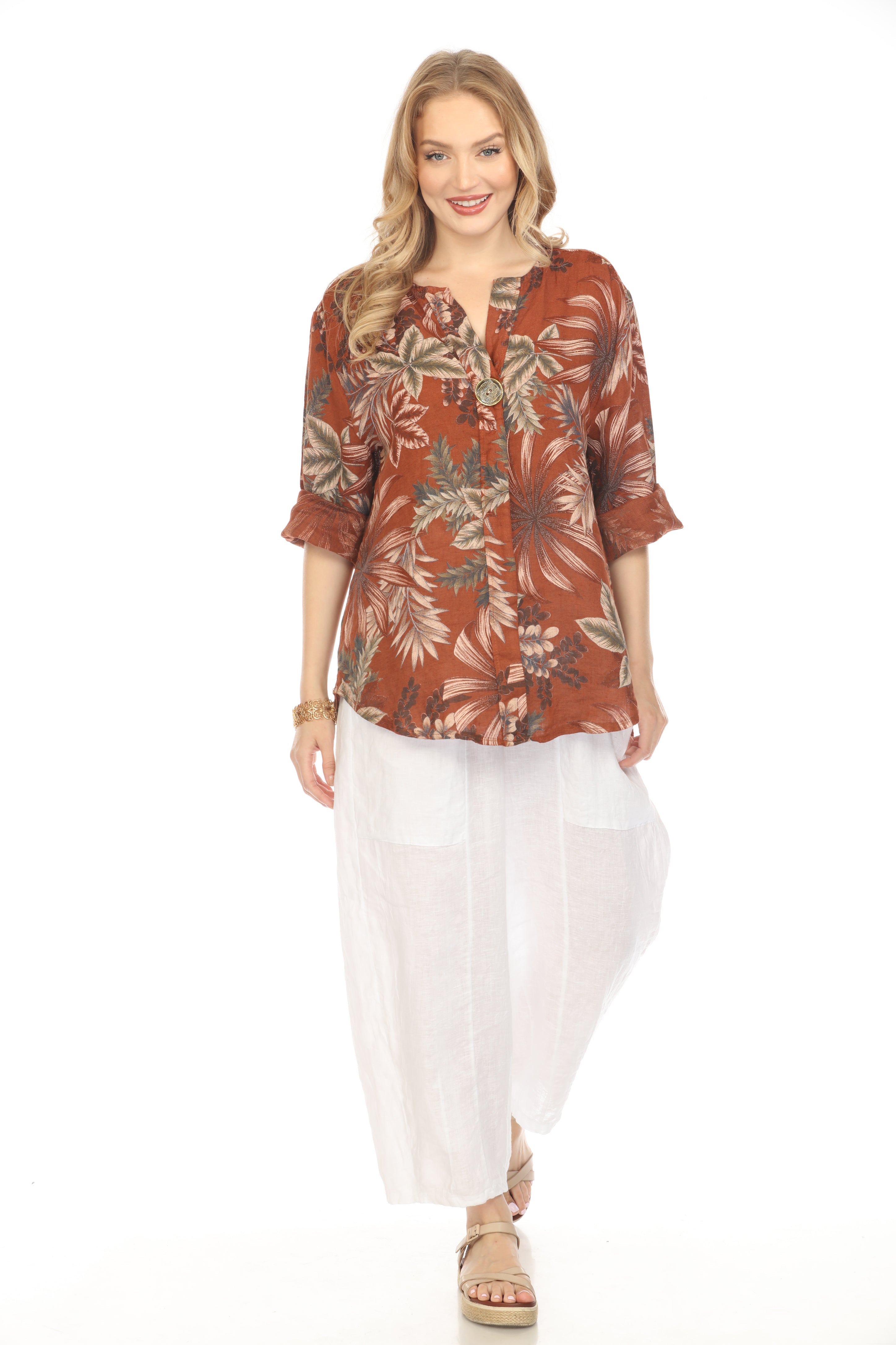 Chocolate Leaf Print V-Neck Button Top