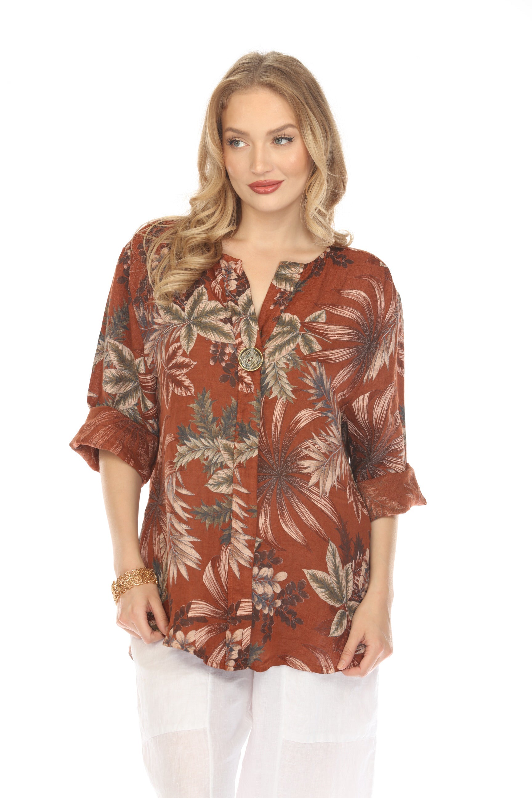 Chocolate Leaf Print V-Neck Button Top