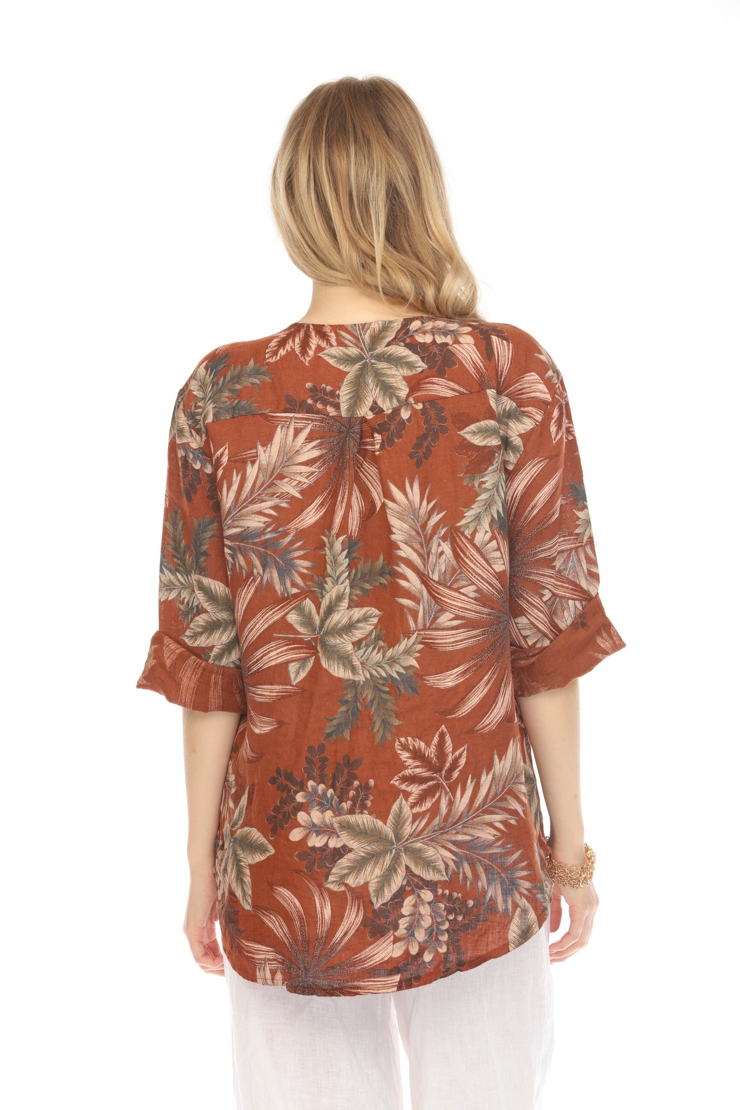 Chocolate Leaf Print V-Neck Button Top