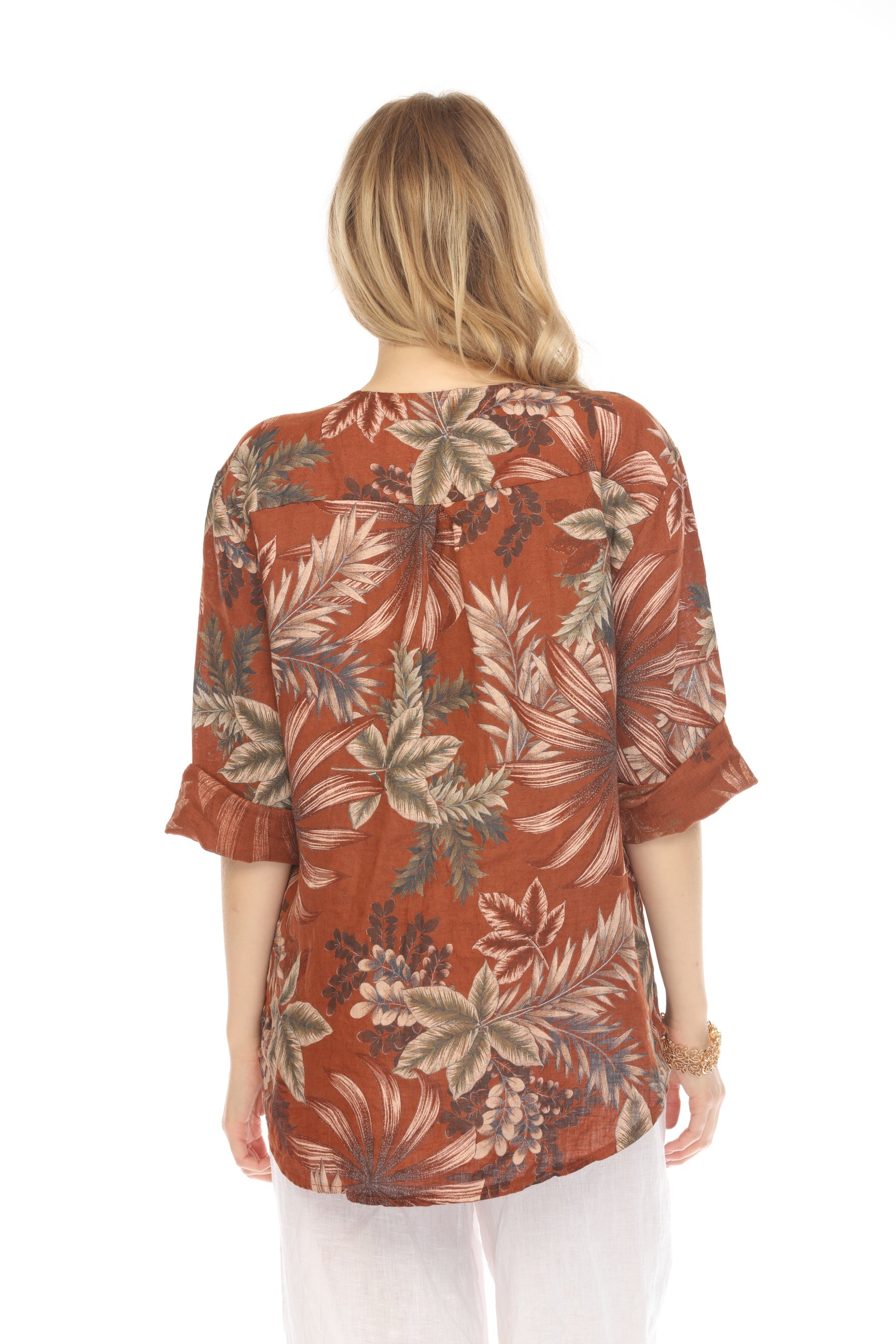 Chocolate Leaf Print V-Neck Button Top