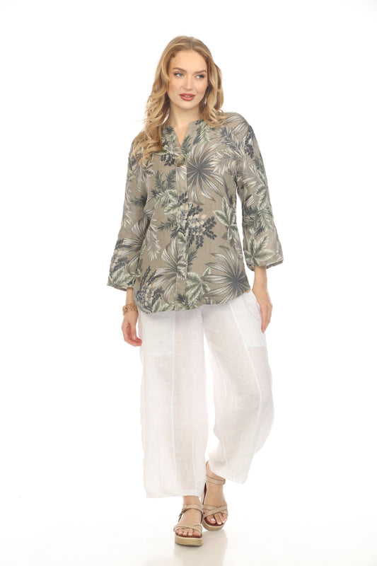 Taupe Leaf Print V-Neck Button Top