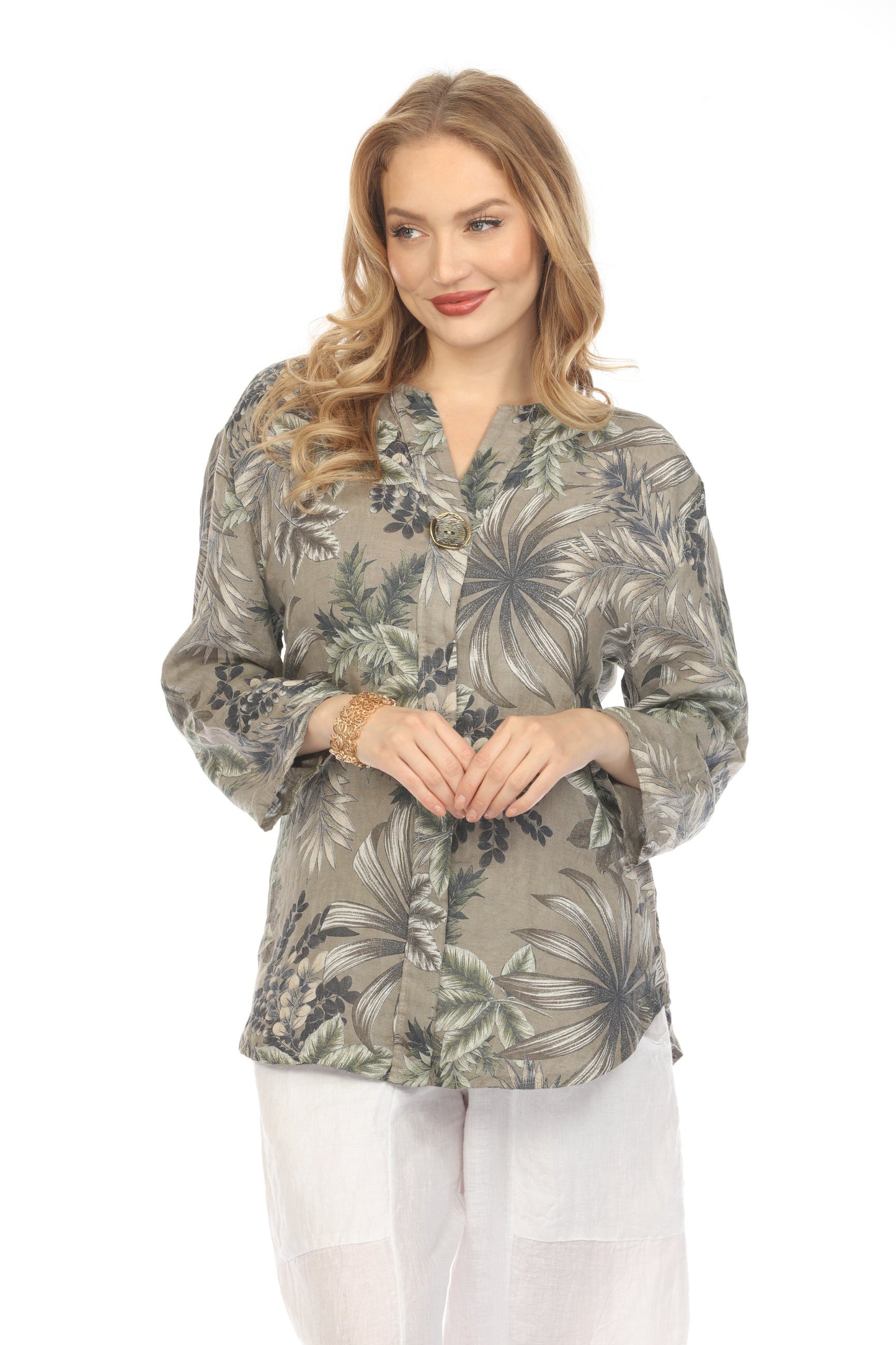 Taupe Leaf Print V-Neck Button Top