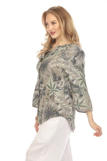 Taupe Leaf Print V-Neck Button Top