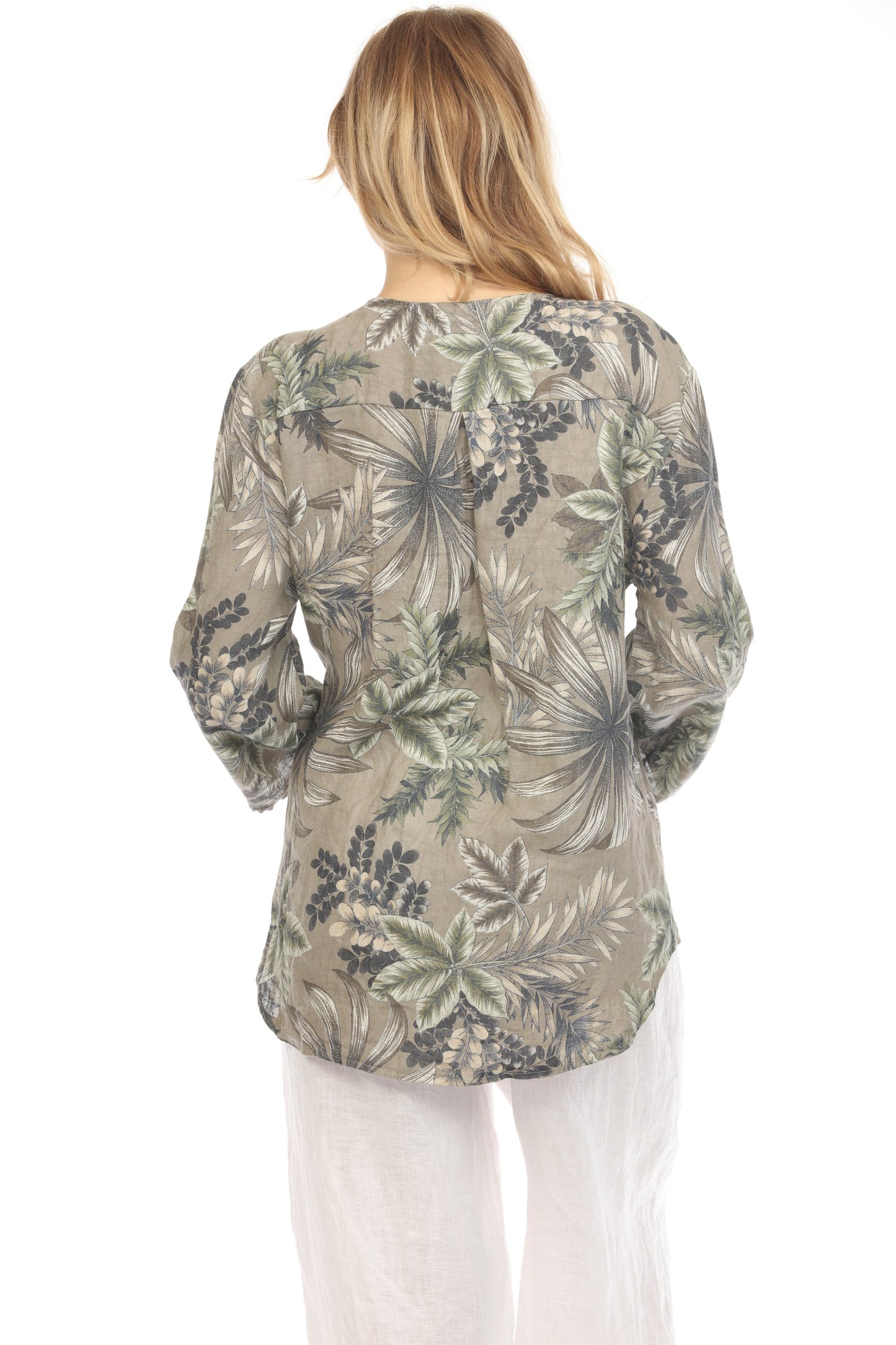 Taupe Leaf Print V-Neck Button Top
