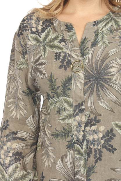 Taupe Leaf Print V-Neck Button Top