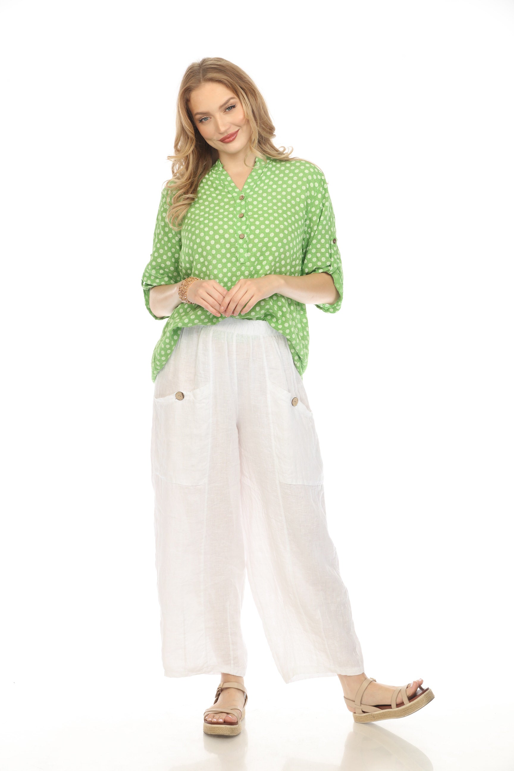 Green Polka Dot Quarter Sleeves Button Top