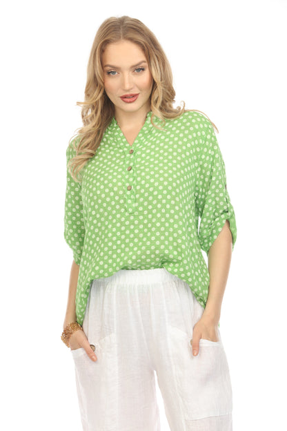 Green Polka Dot Quarter Sleeves Button Top