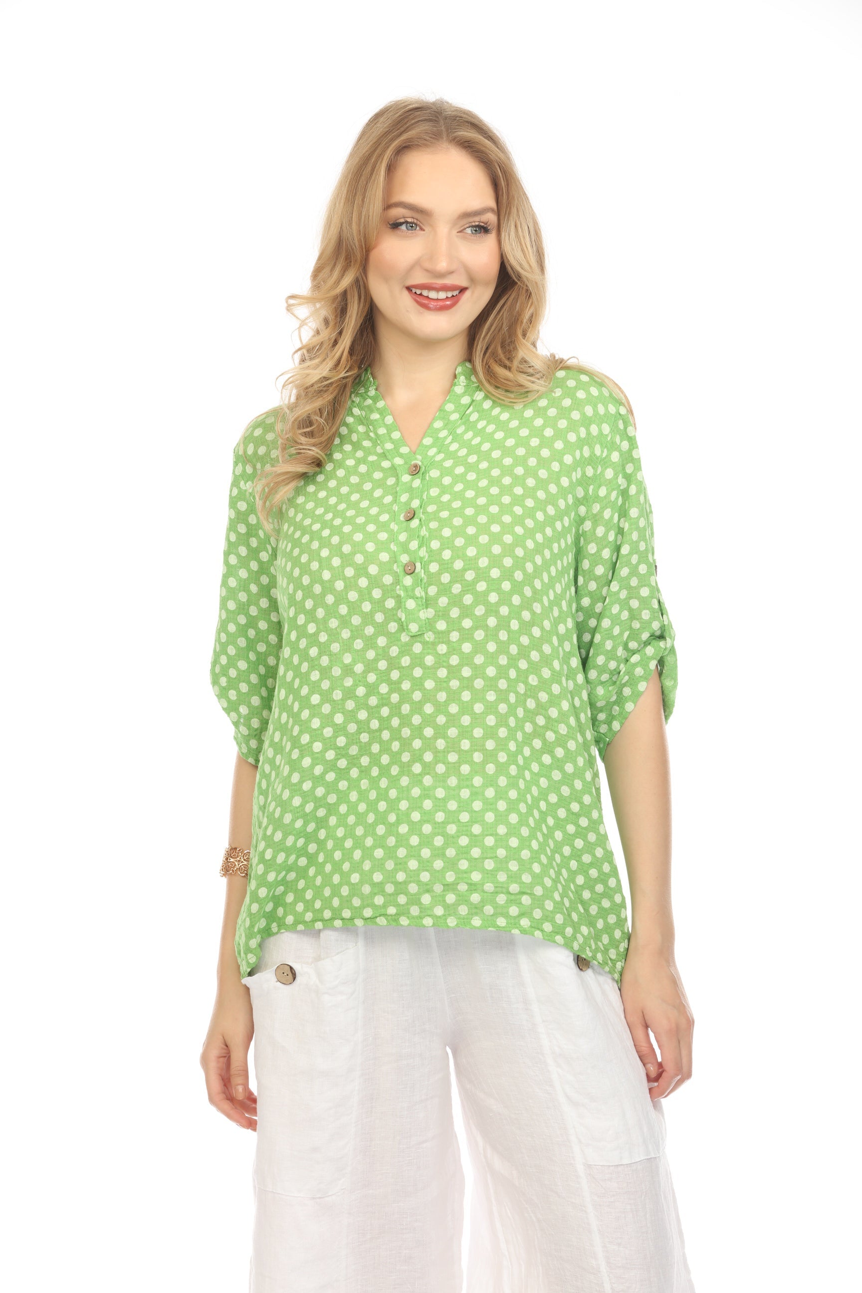 Green Polka Dot Quarter Sleeves Button Top