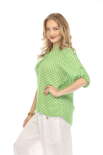 Green Polka Dot Quarter Sleeves Button Top