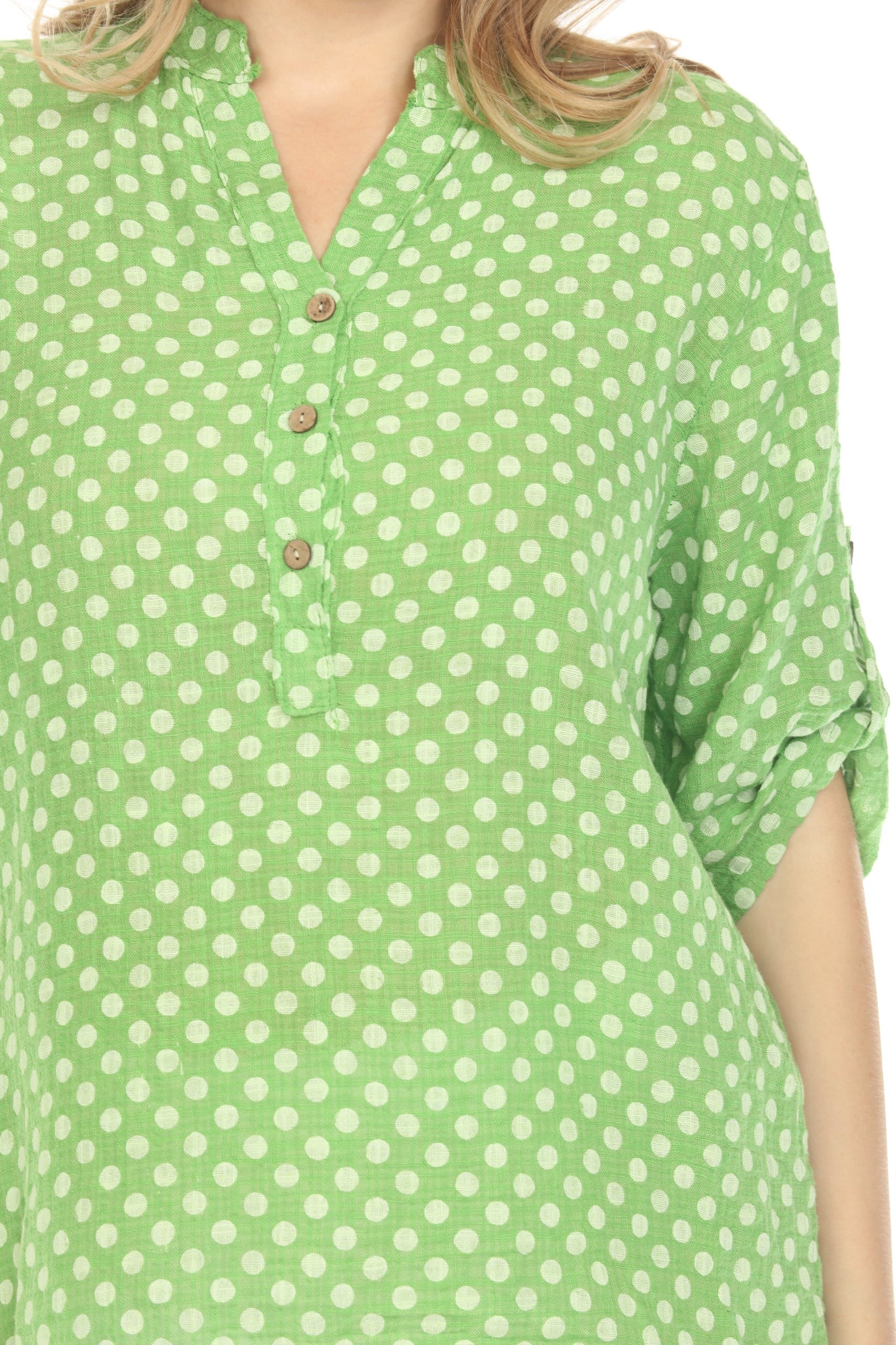 Green Polka Dot Quarter Sleeves Button Top
