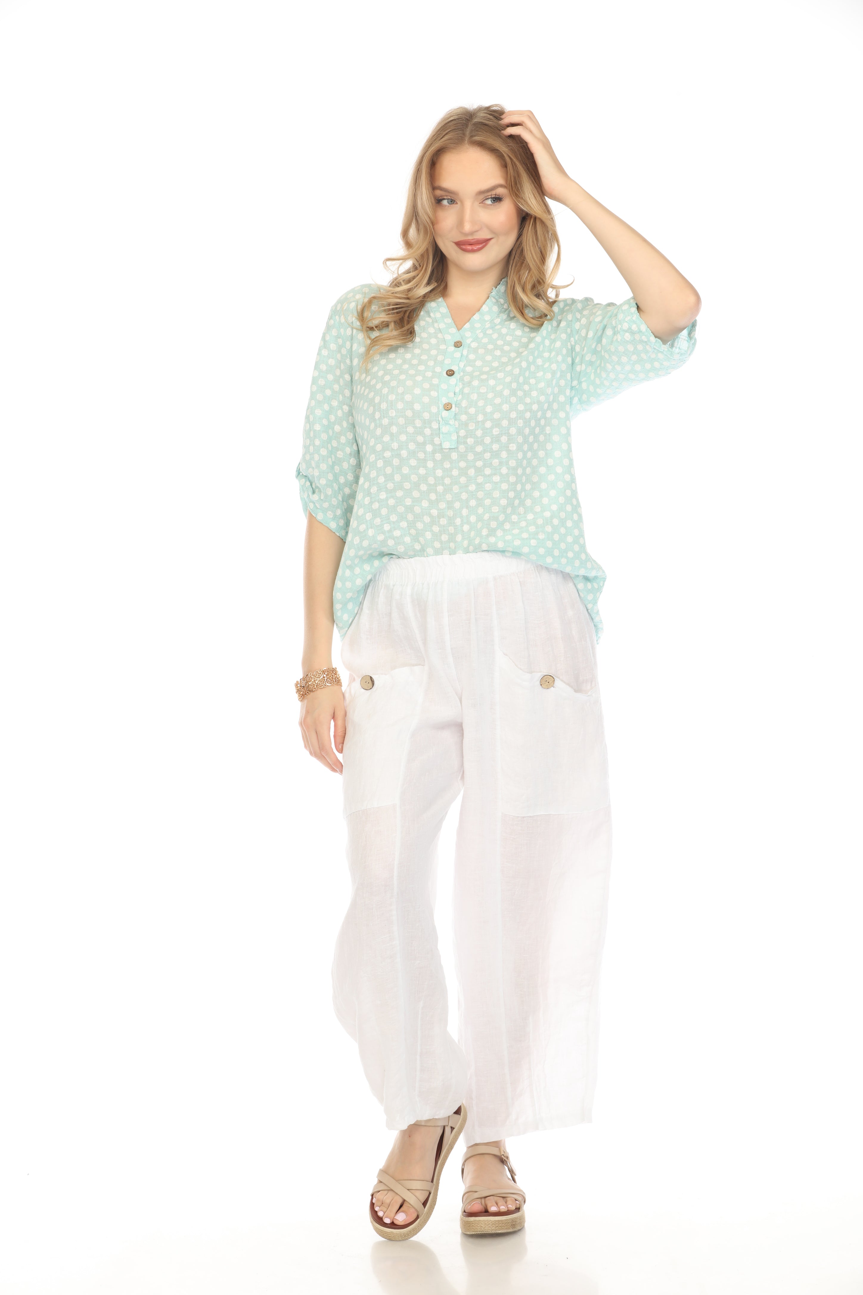 Light Blue Polka Dot Quarter Sleeves Button Top