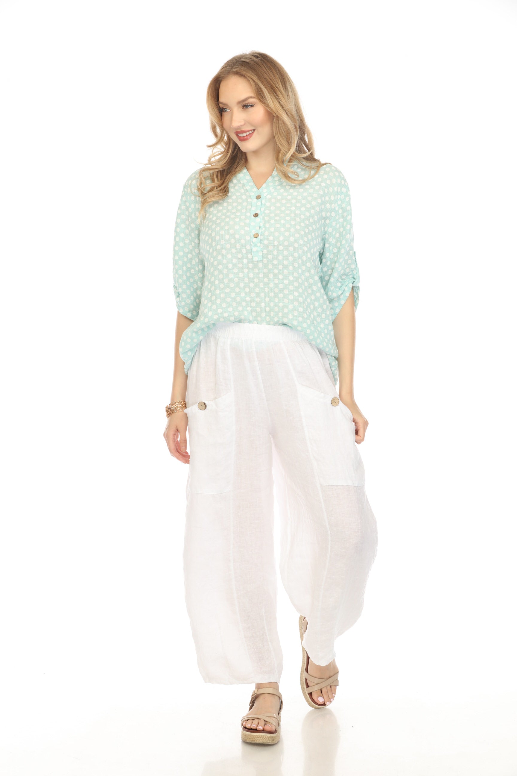 Light Blue Polka Dot Quarter Sleeves Button Top