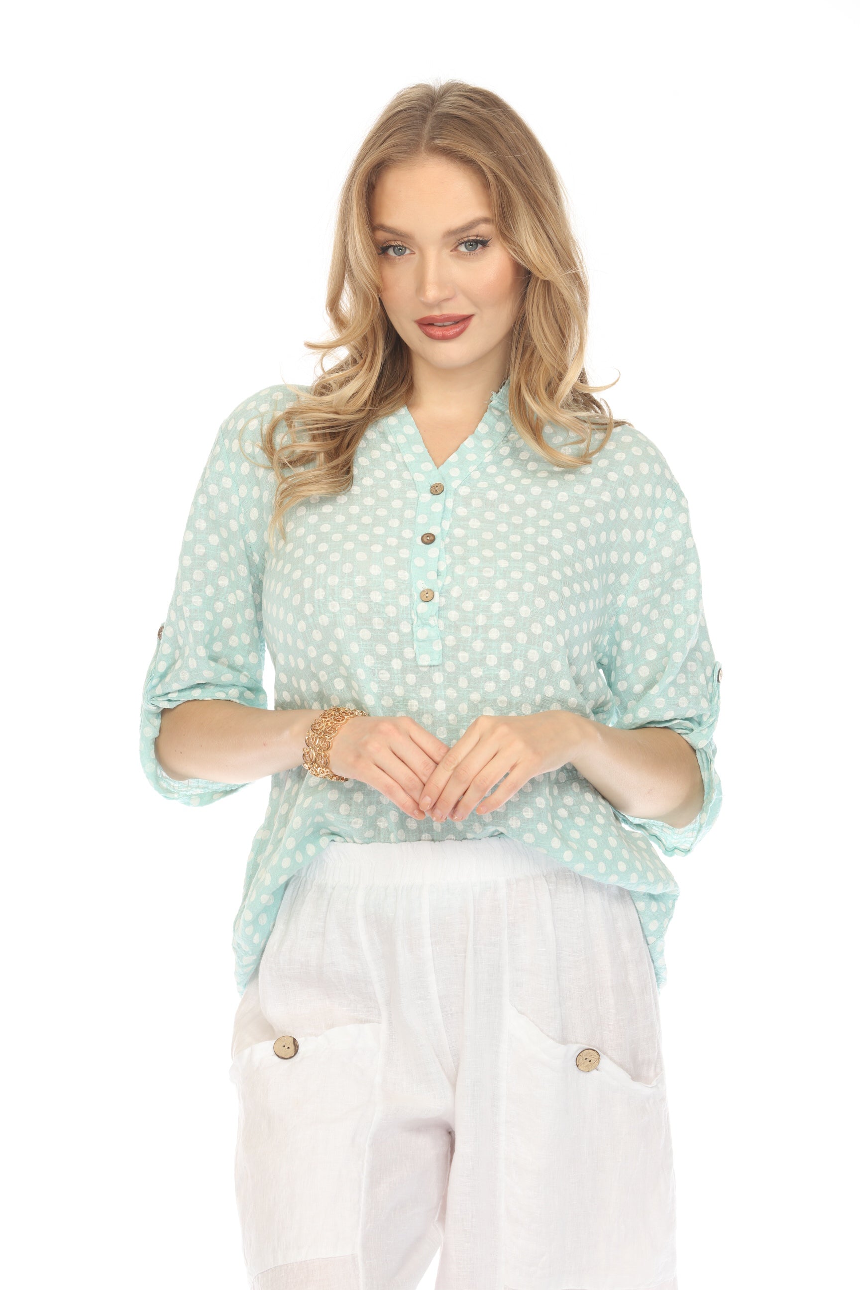 Light Blue Polka Dot Quarter Sleeves Button Top