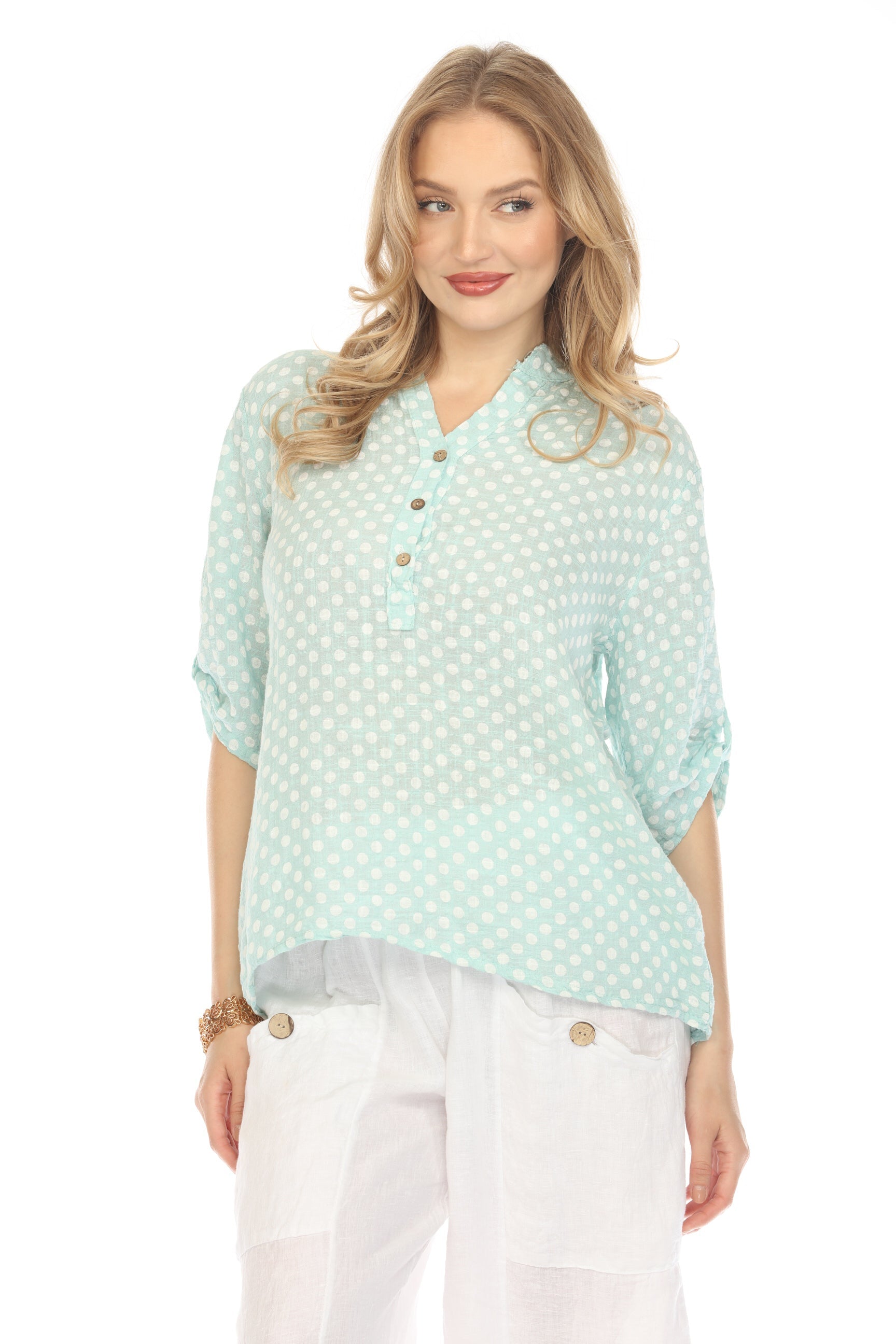 Light Blue Polka Dot Quarter Sleeves Button Top