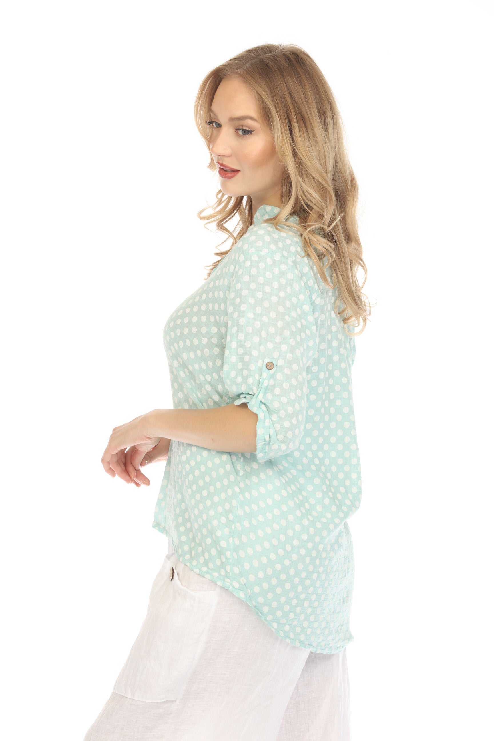 Light Blue Polka Dot Quarter Sleeves Button Top