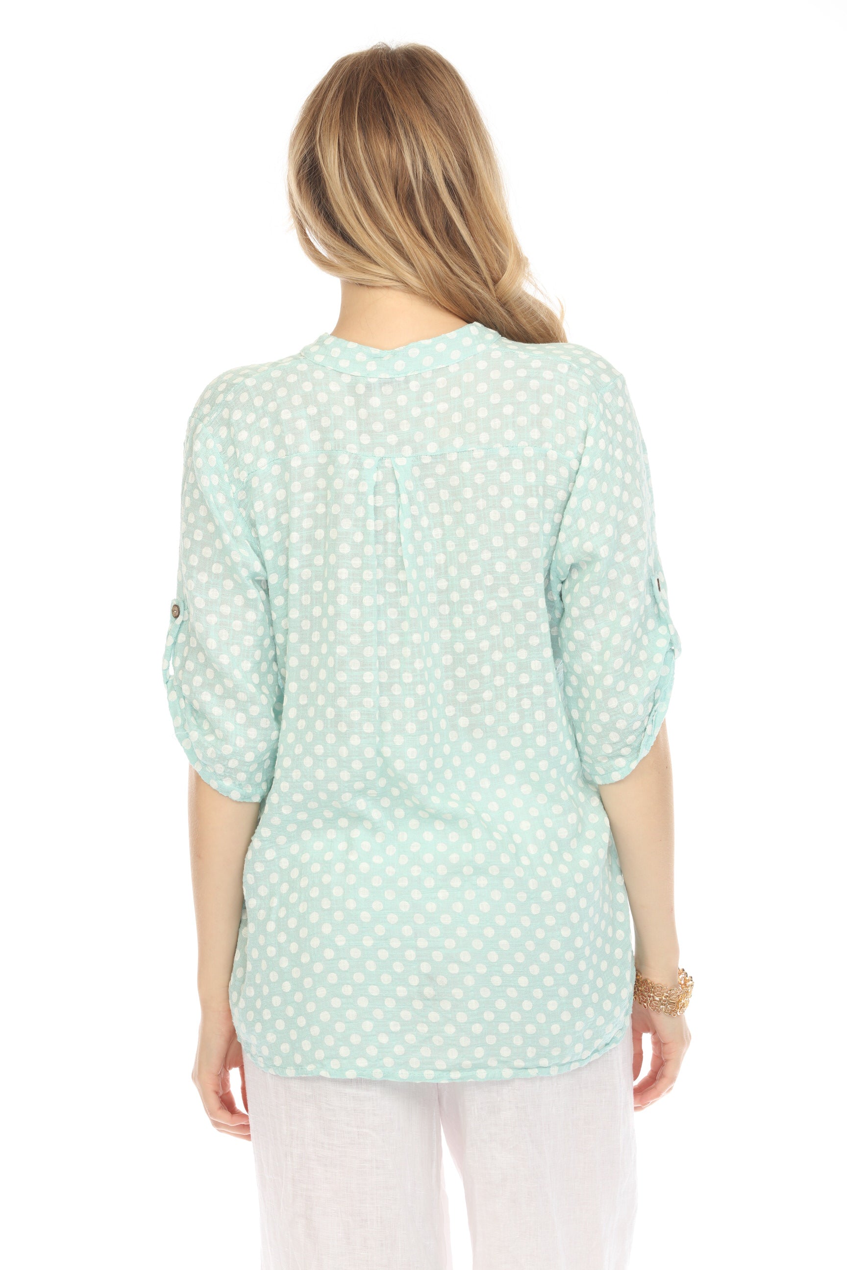 Light Blue Polka Dot Quarter Sleeves Button Top