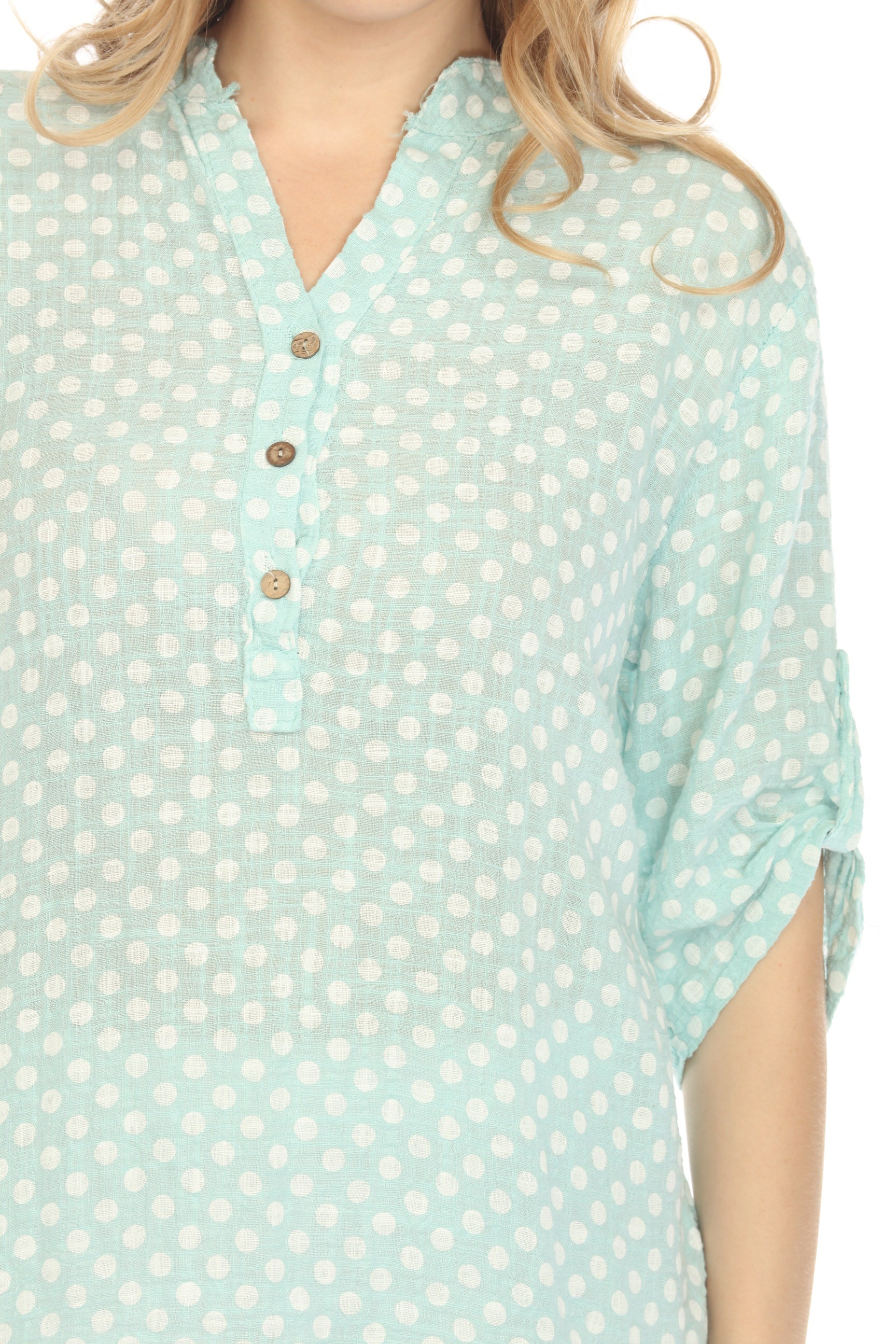 Light Blue Polka Dot Quarter Sleeves Button Top