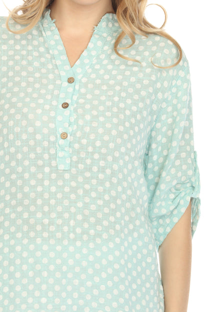 Light Blue Polka Dot Quarter Sleeves Button Top