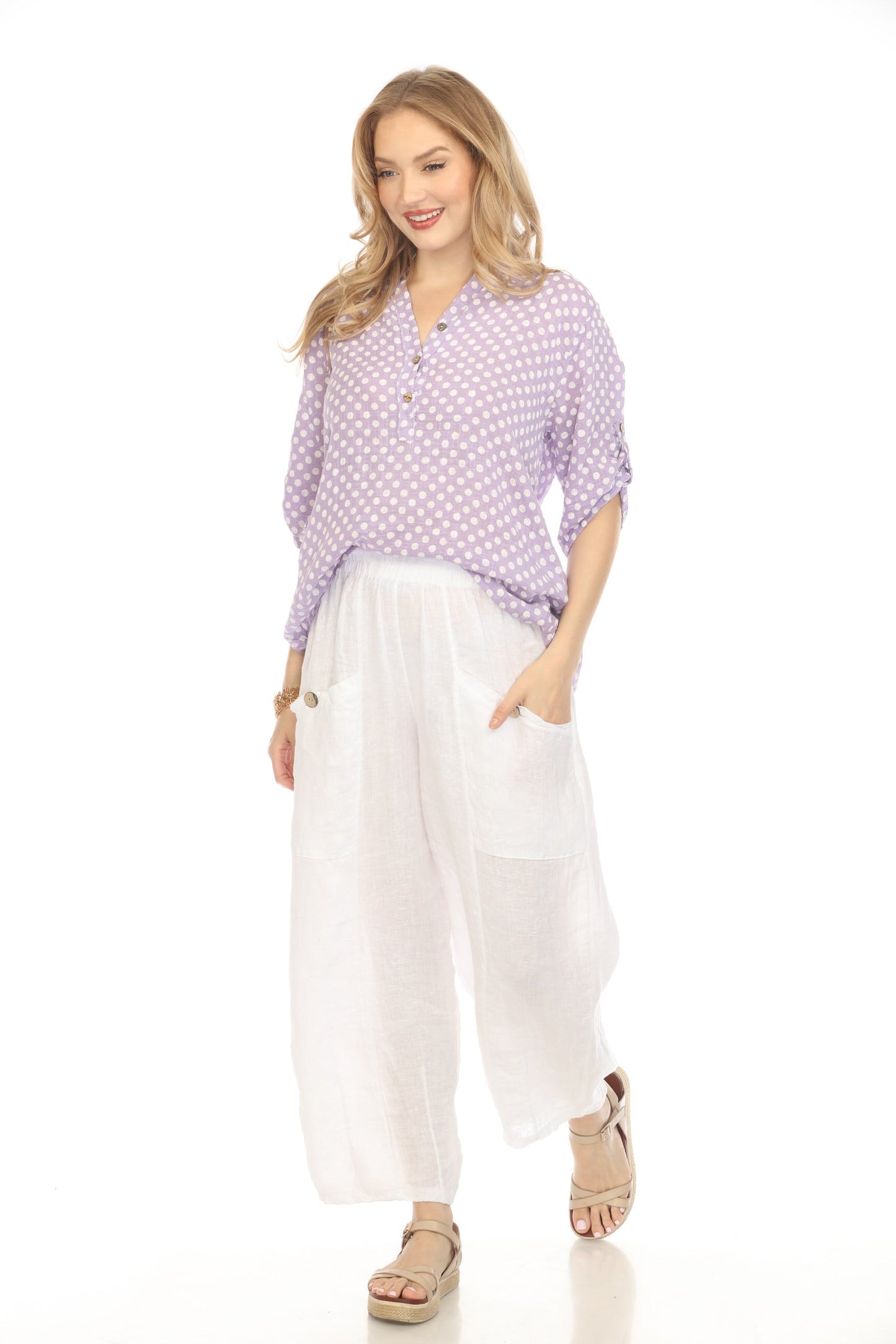 Purple Polka Dot Quarter Sleeves Button Top