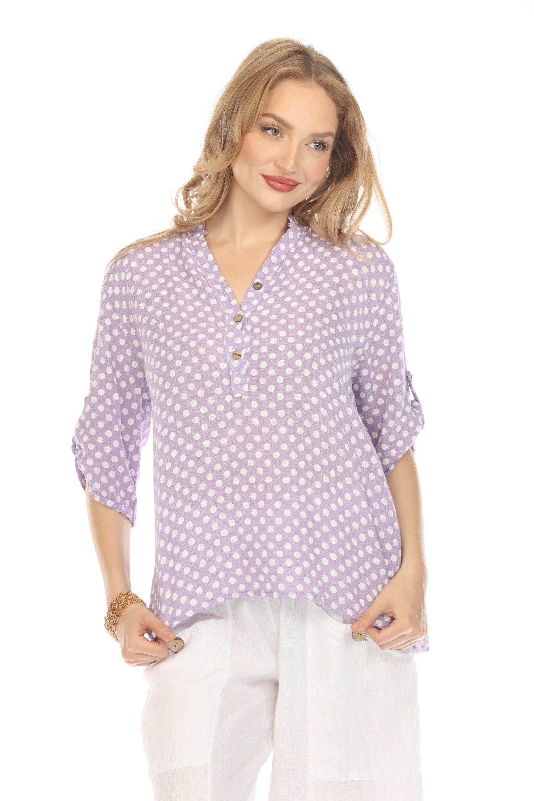 Purple Polka Dot Quarter Sleeves Button Top